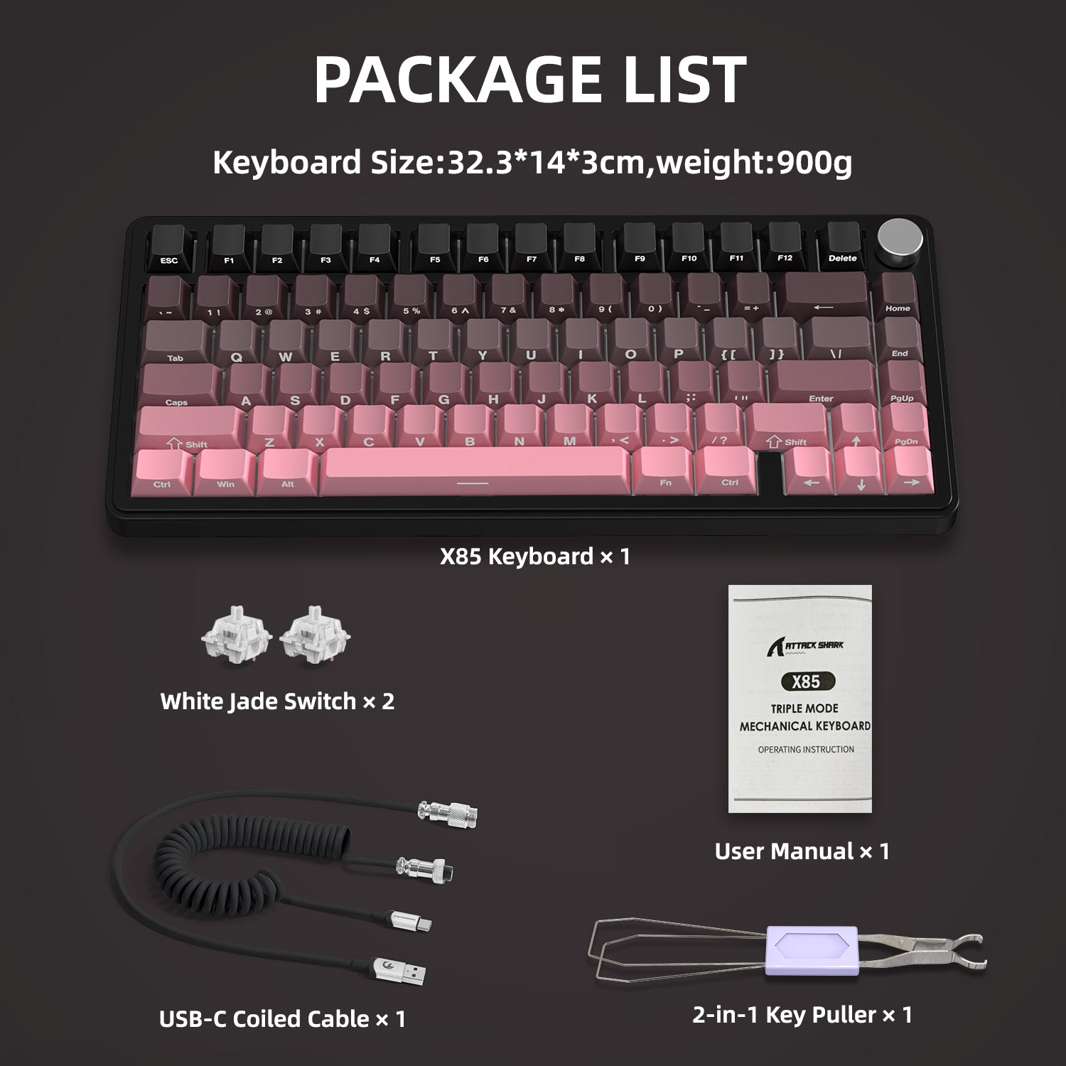 Attack Shark X85 Wireless Mechanical Keyboard package with USB-C cable and White Jade switch.