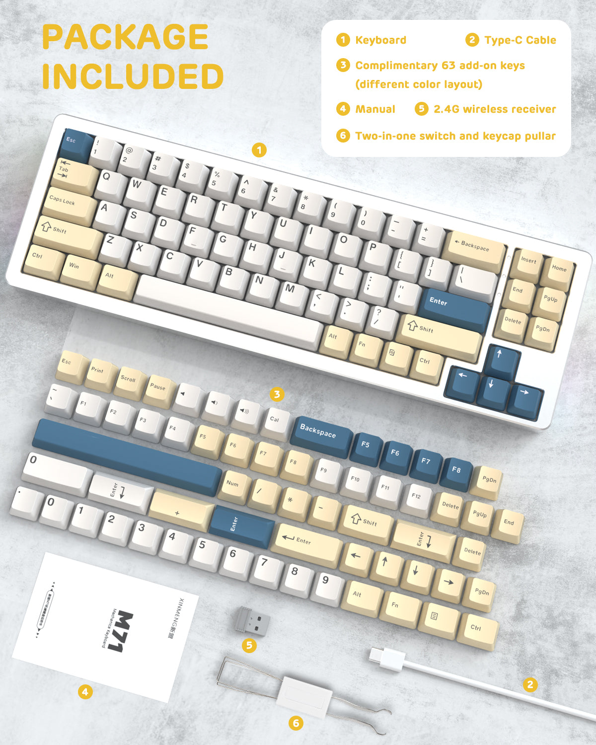 Contents of Attack Shark M71 package: keyboard, cable, manual, extra keys.