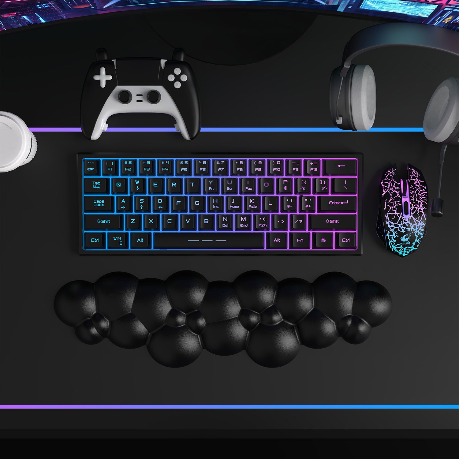 Cloud-shaped ergonomic wrist rest in black with RGB keyboard and gaming accessories.