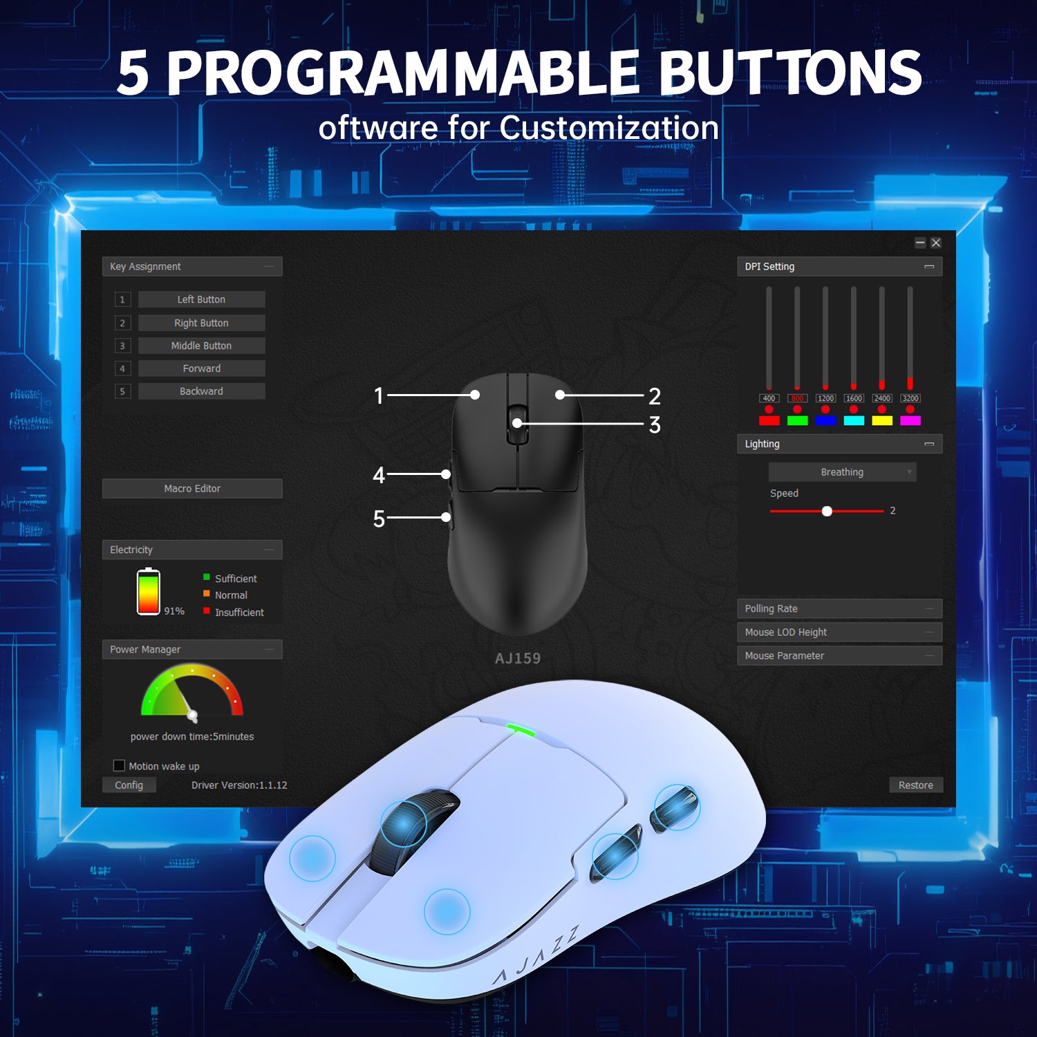 AJ159 white gaming mouse with software displaying 5 customizable buttons and DPI settings.