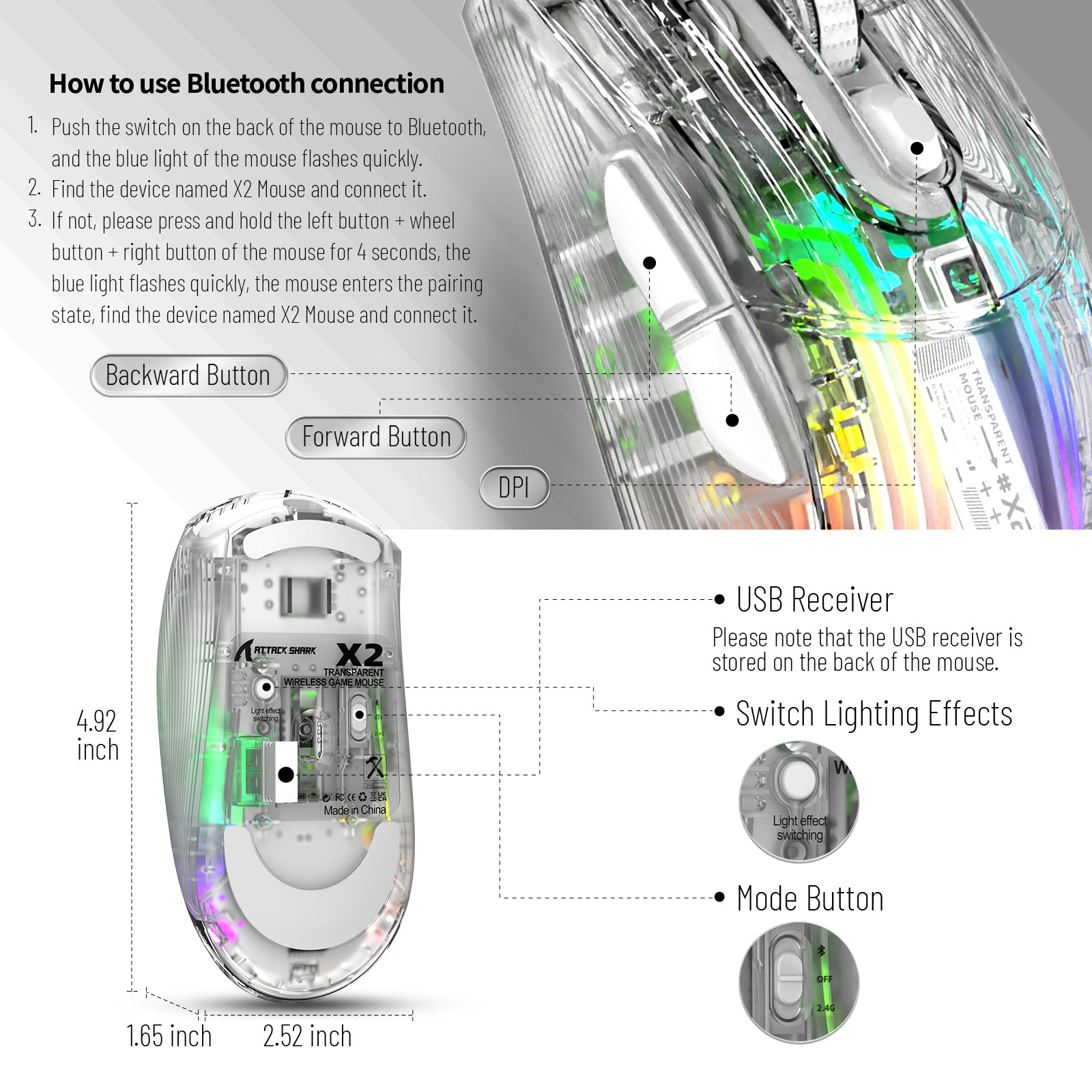 Instructions for Bluetooth connection of Attack Shark X2 mouse with RGB lighting.