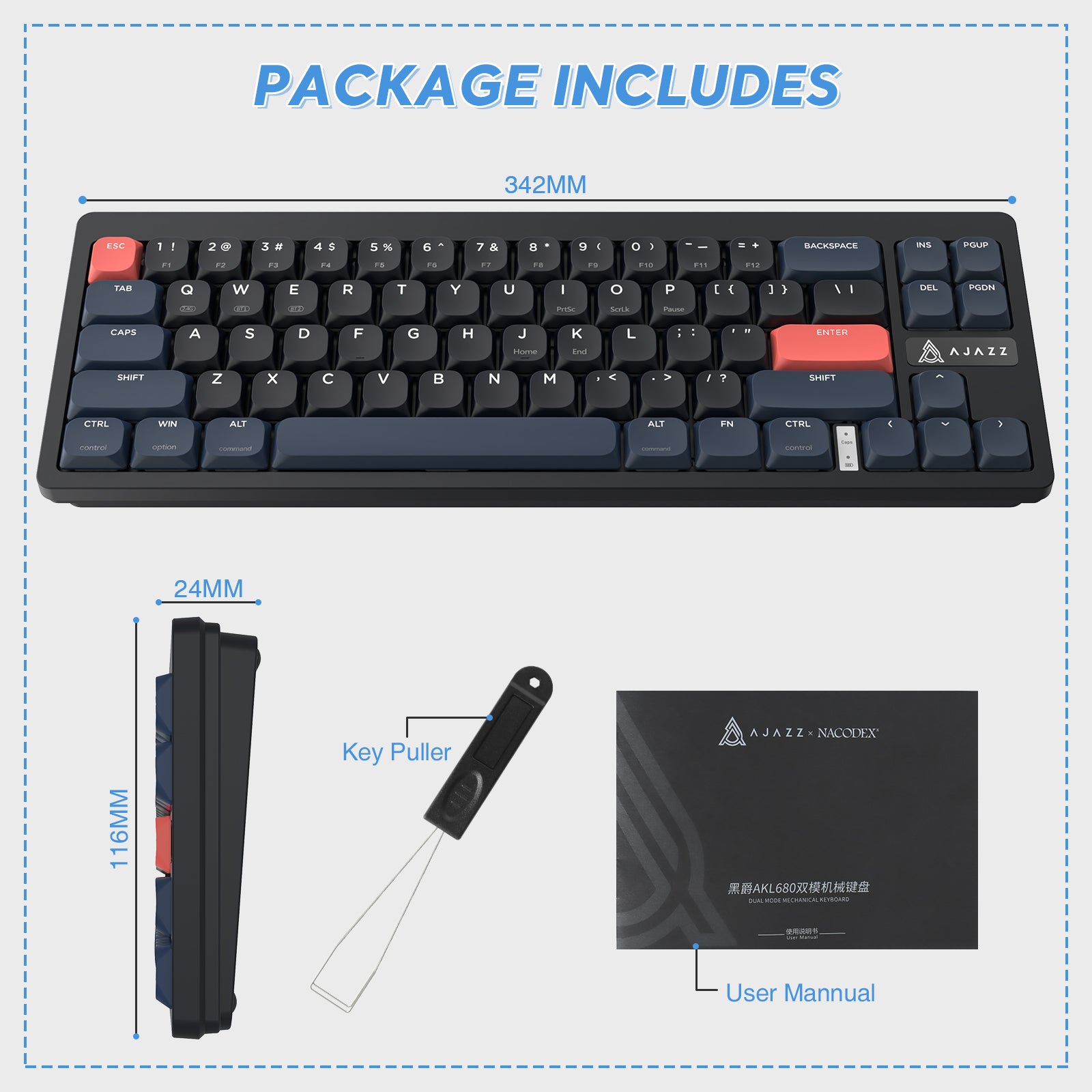 AKL680 wireless mechanical keyboard package includes key puller and user manual with dimensions.