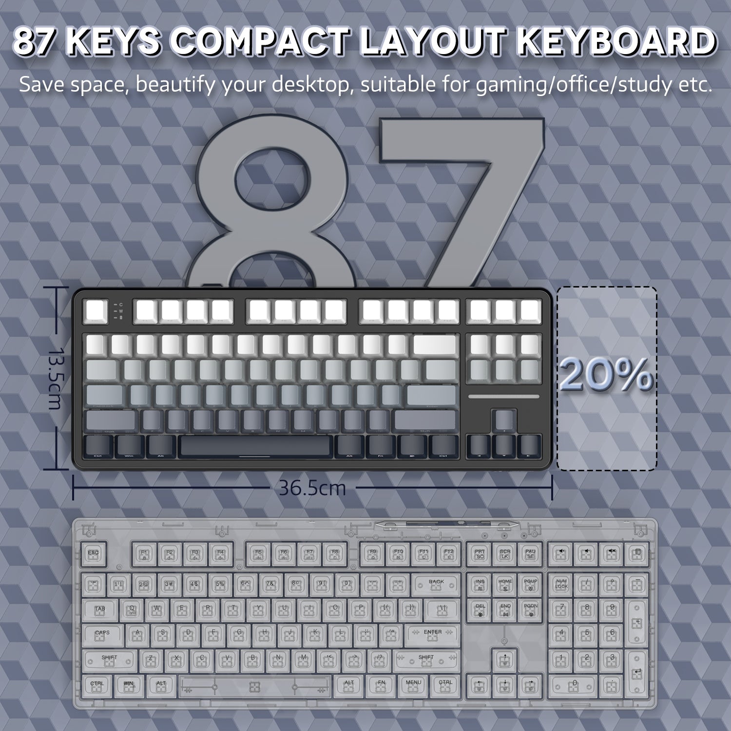 X87 keyboard showing 87 keys layout, promoting space-saving design for gaming and office use.