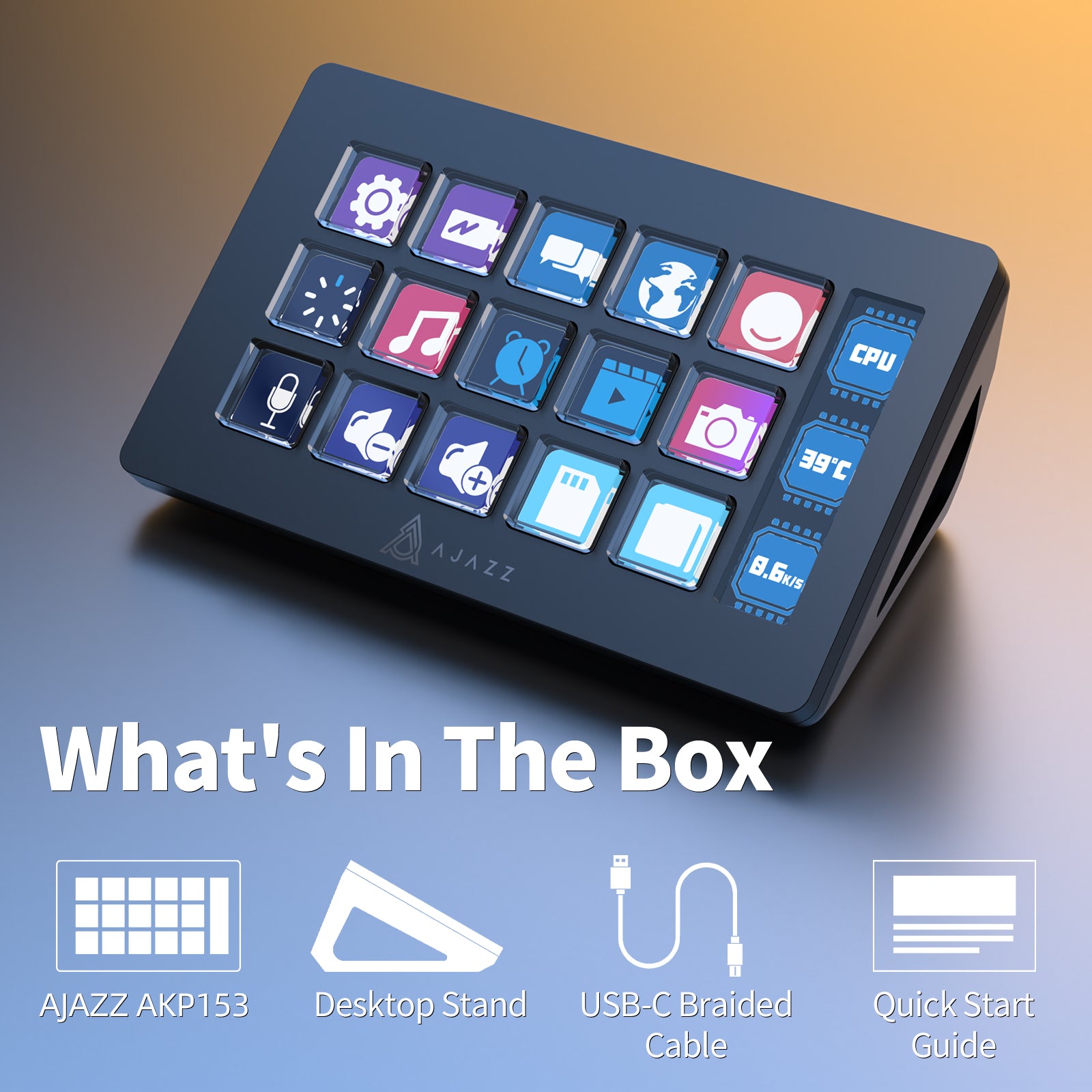 AJAZZ AKP153 Stream Deck with 15 customizable buttons and box contents overview.