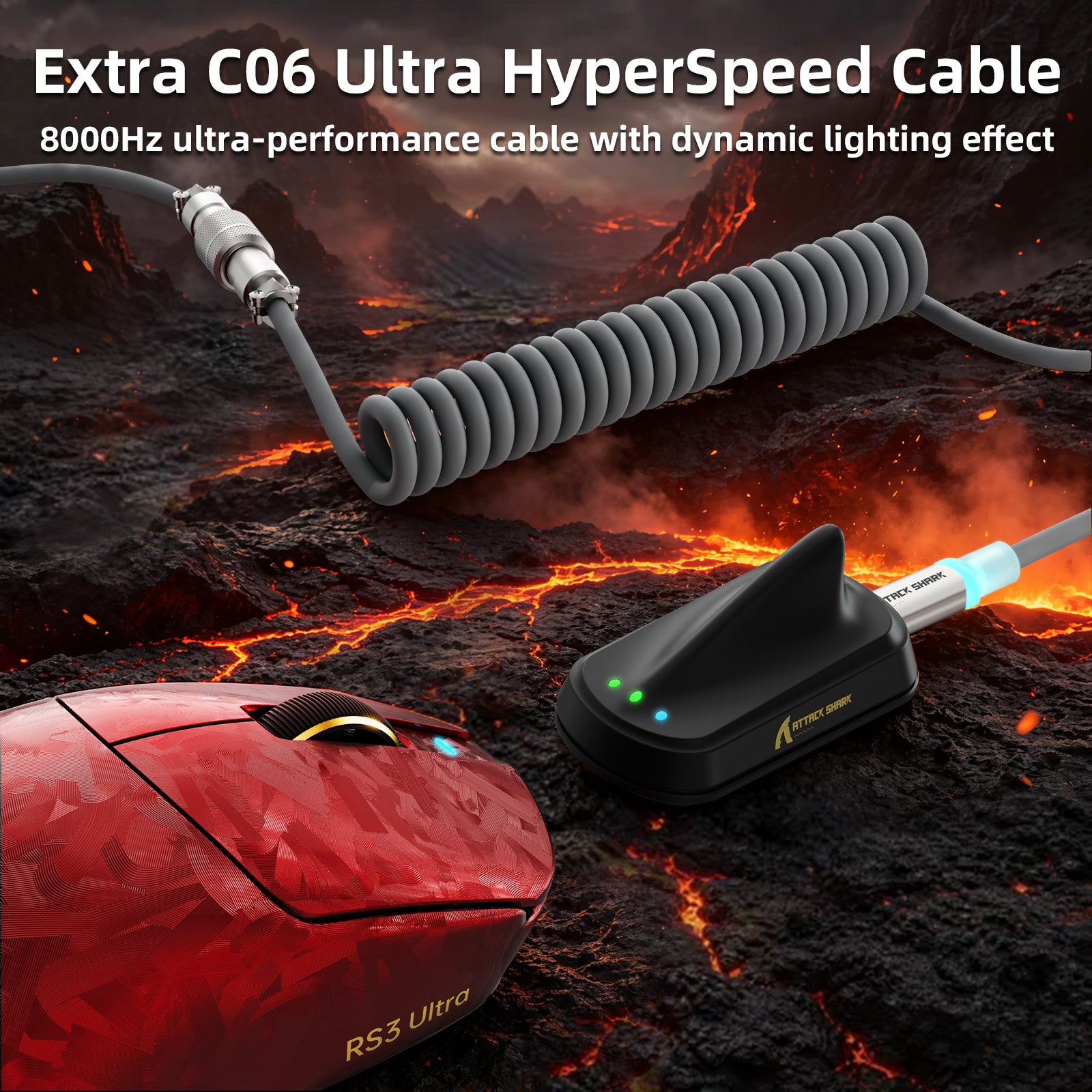 Ratón para juegos inalámbrico ATTACK SHARK RS3 ULTRA Carbon Fiber PAW3955MAX con cable LED Ultra C06