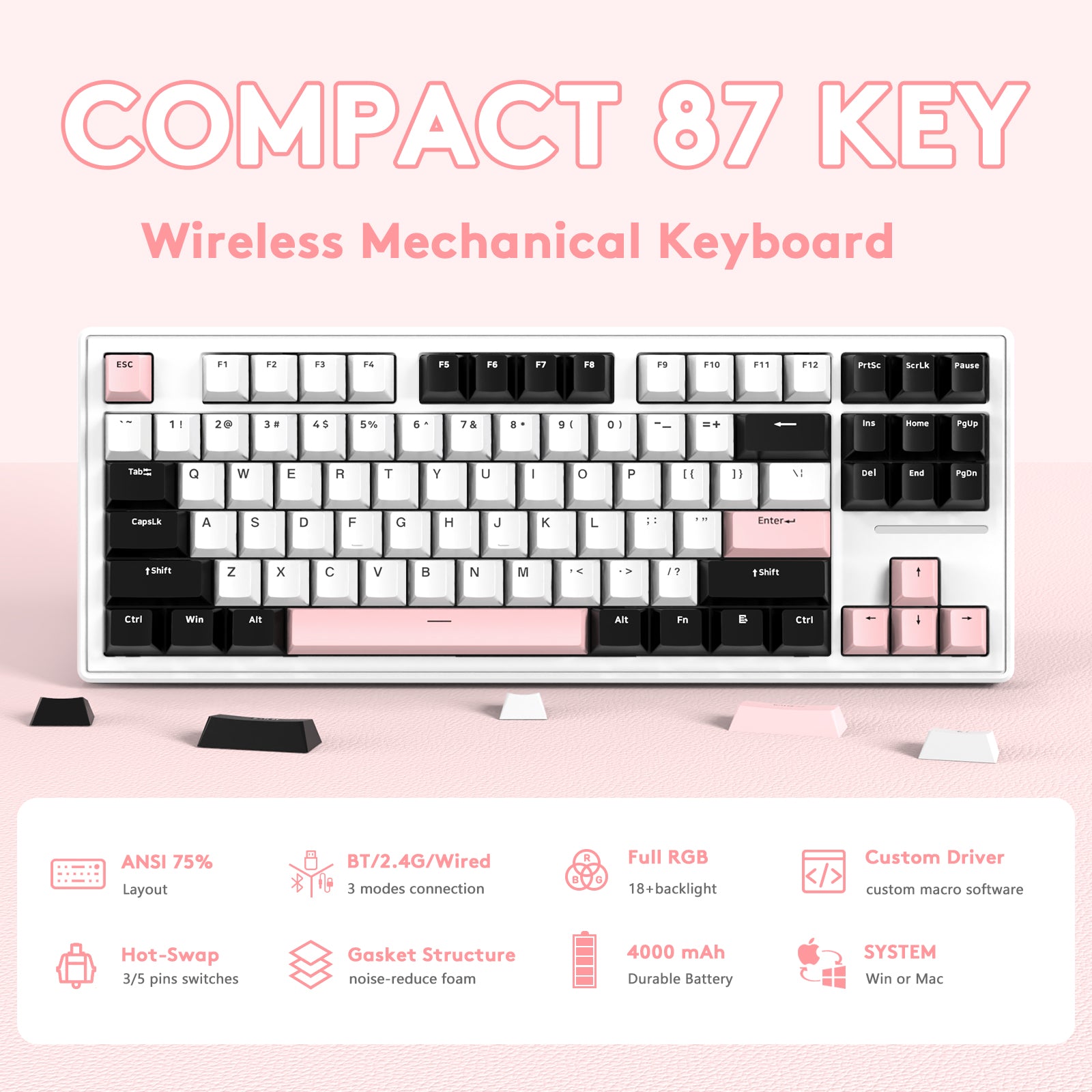 Compact 87-key wireless mechanical keyboard with full RGB lighting and pastel gradient design.