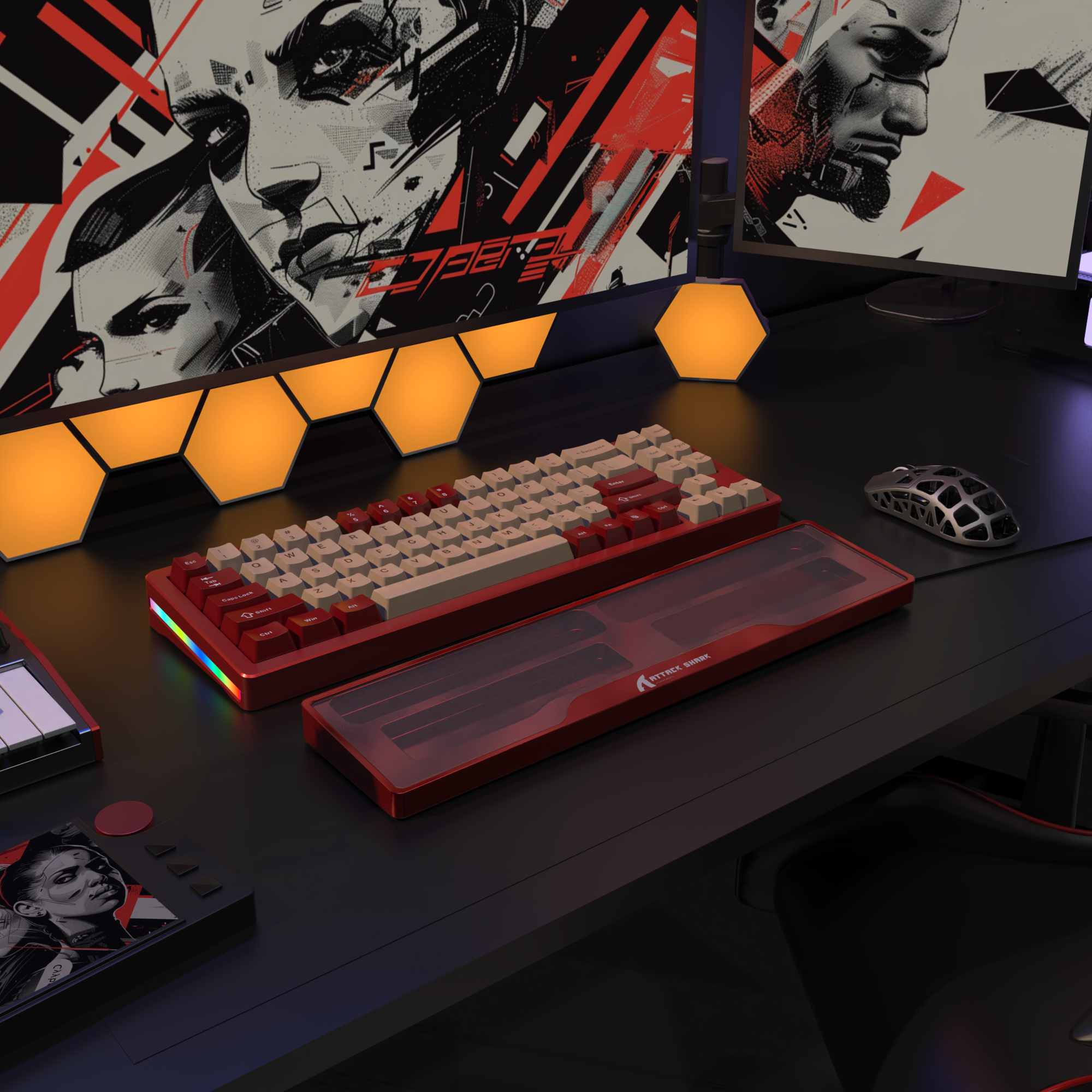 Red mechanical keyboard with ergonomic wrist rest and integrated storage case on gaming desk.