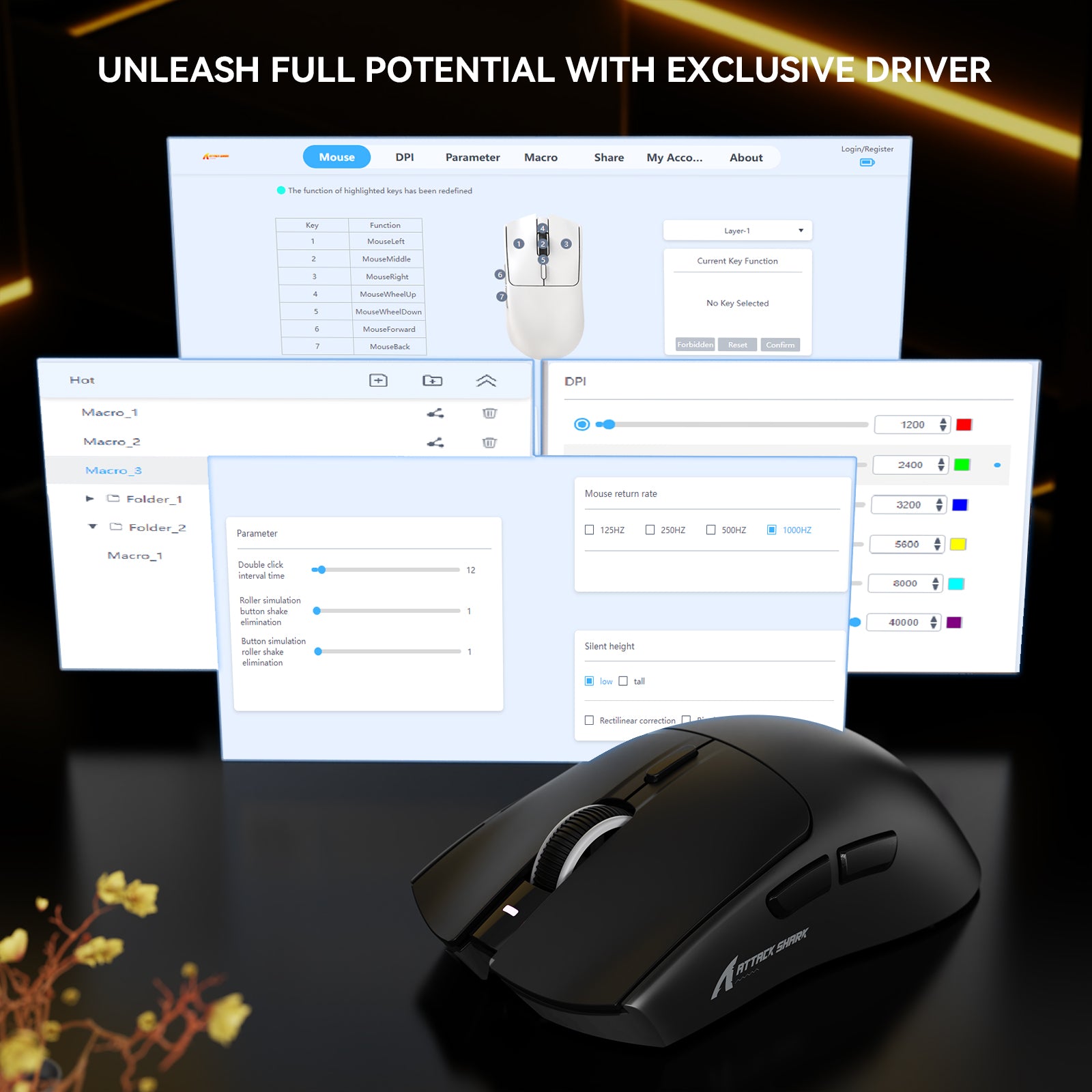 Ratón para juegos ATTACK SHARK X1 de tres modos con panel táctil RGB y base de carga PAW3395PRO Sensor
