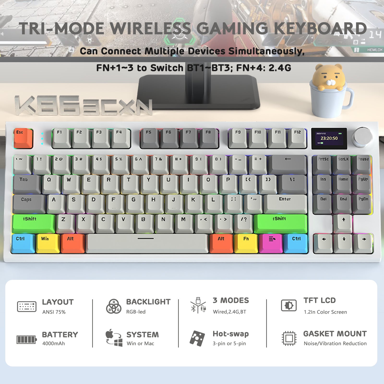 K86PRO wireless mechanical keyboard showcasing tri-mode connectivity and 1.2-inch TFT display