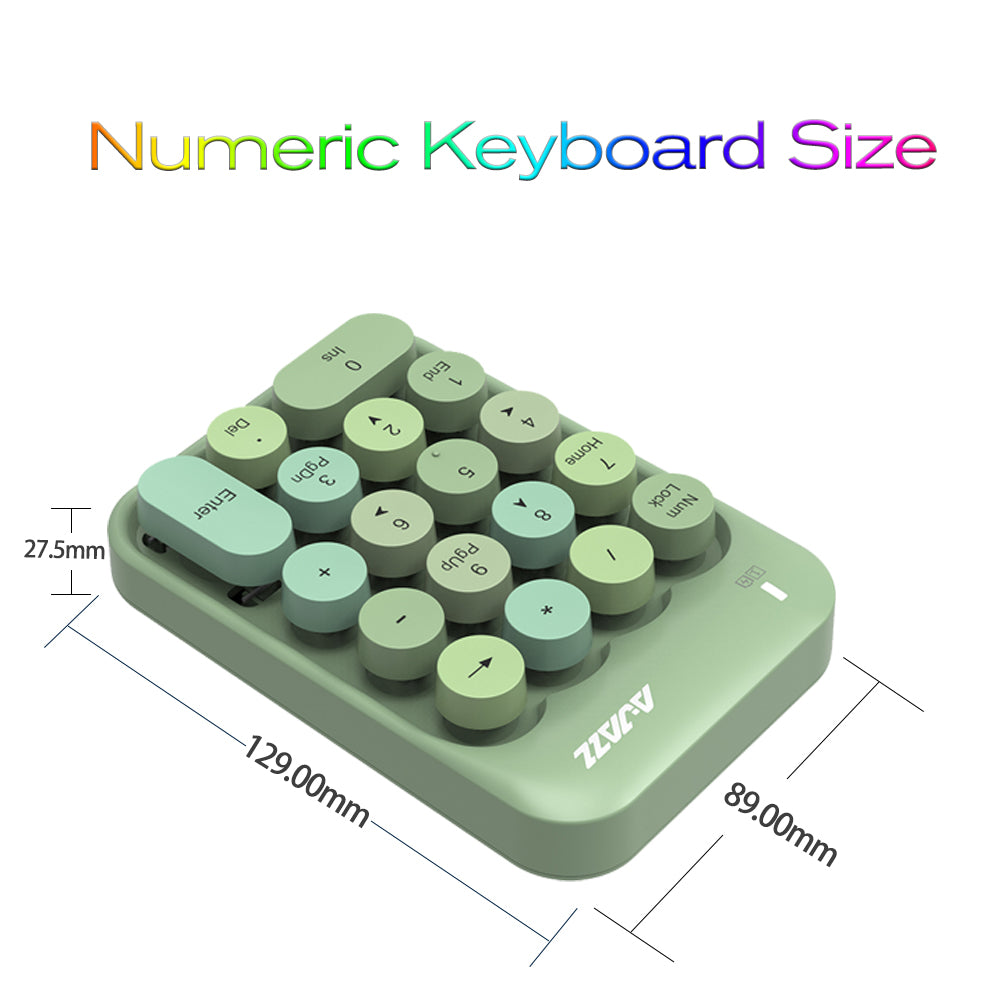 Size dimensions of green AJAZZ AK18 wireless numeric keyboard with 129mm x 89mm x 27.5mm