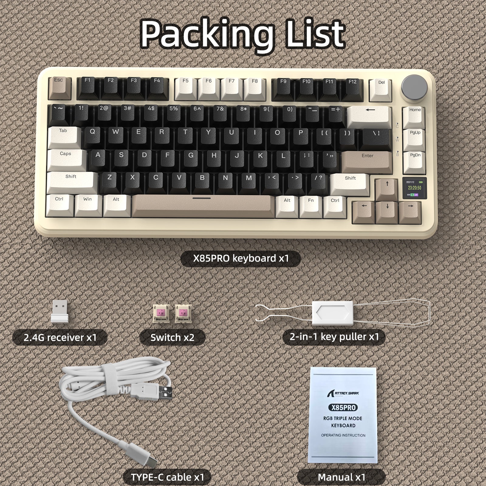 Packing list for ATTACK SHARK X85PRO keyboard with accessories and USB cable