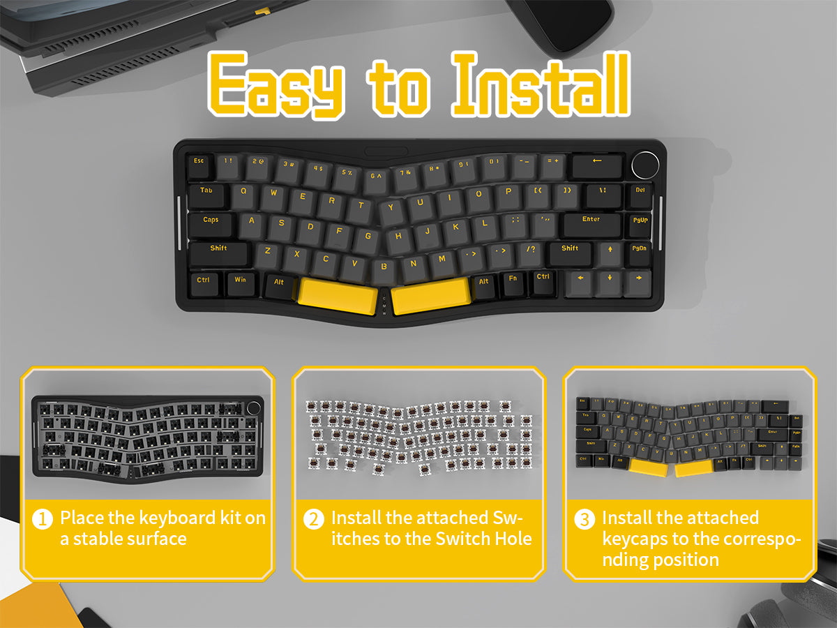 Installation steps for AKS068 Alice Mechanical Keyboard with yellow accents.