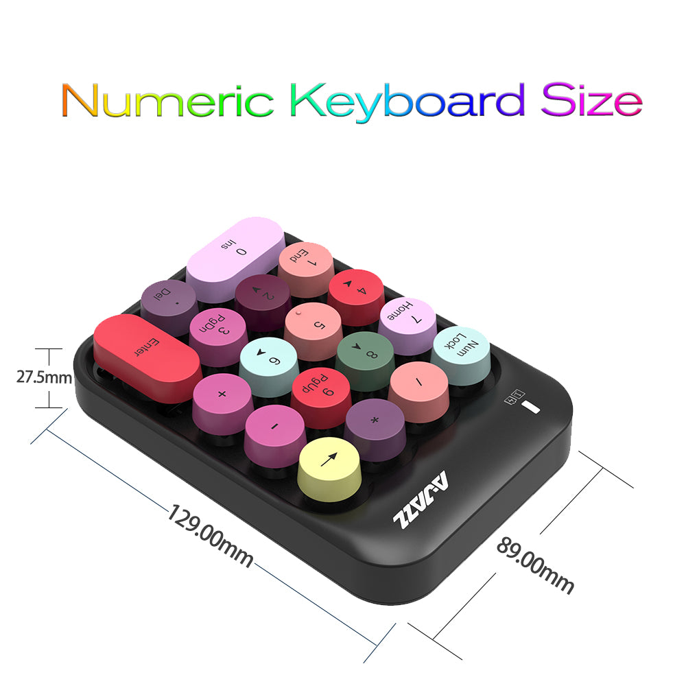 Size dimensions of AJAZZ AK18 black wireless numeric keyboard with pastel keycaps.