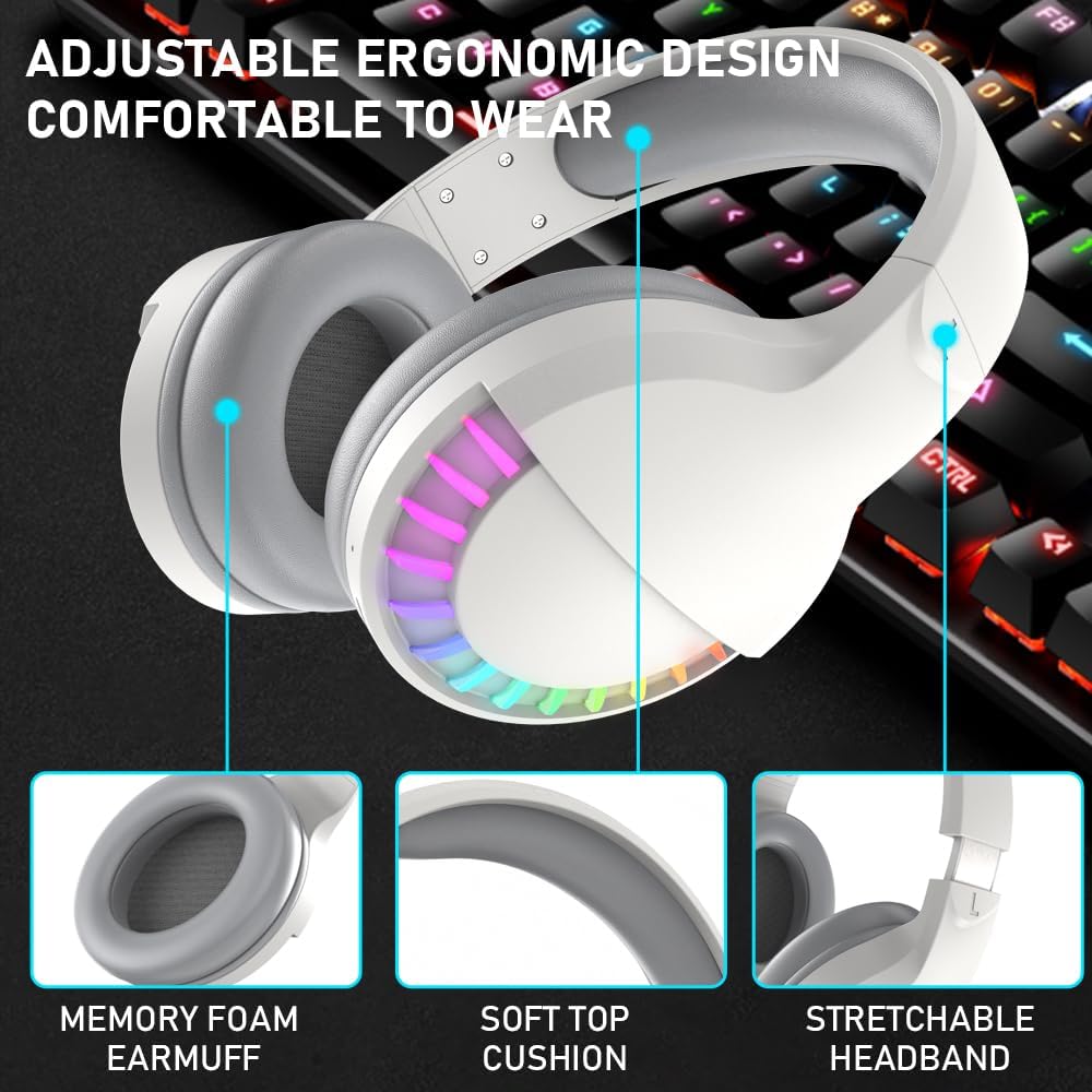 Adjustable white headset with RGB lights, memory foam earmuff, and soft cushion.