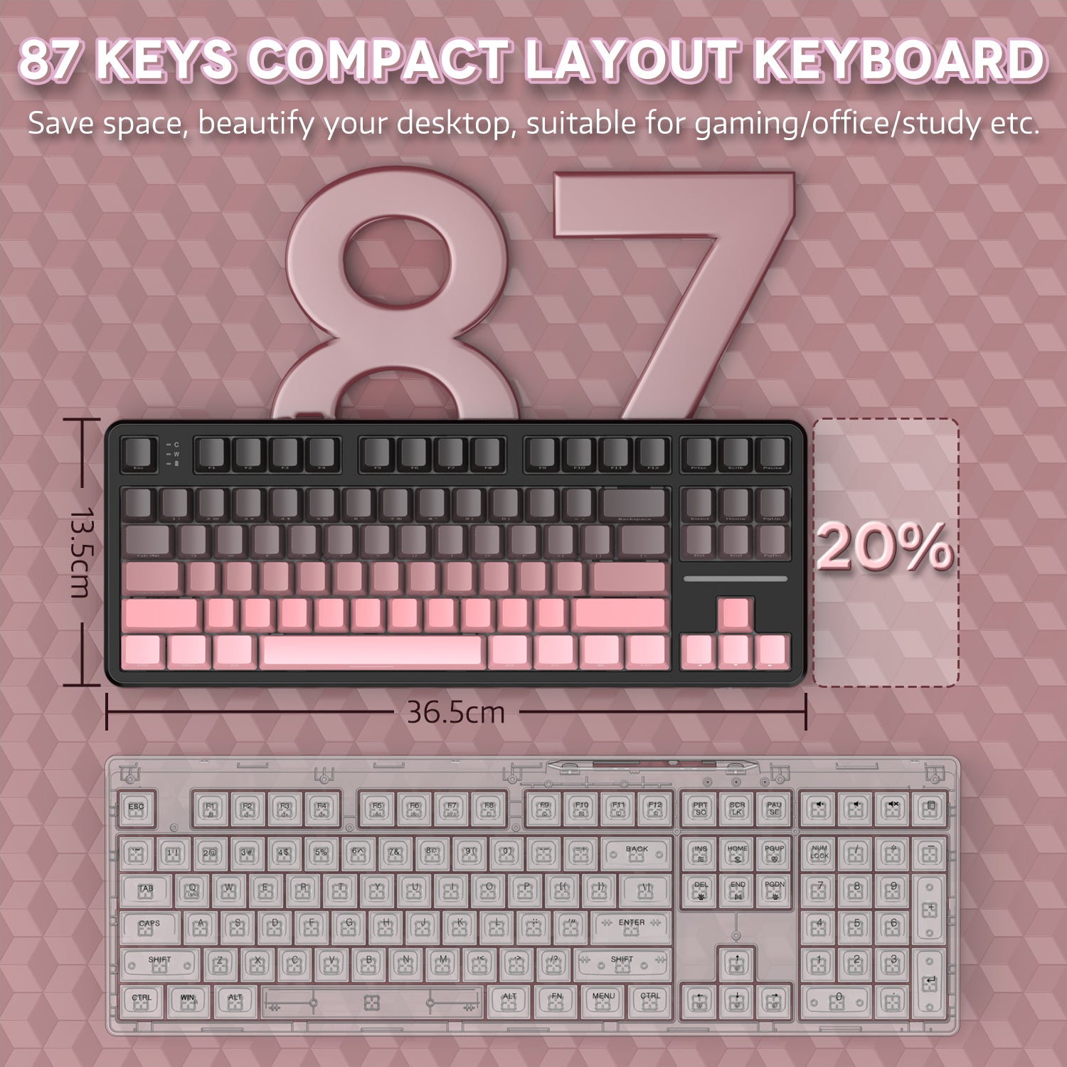 87 keys compact layout keyboard saving space for gaming and office use.