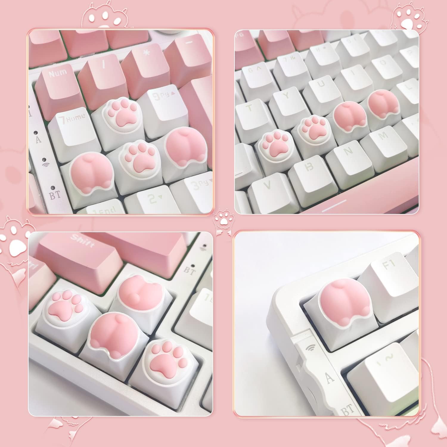 Cat paw and butt keycaps in pink on white mechanical keyboard.