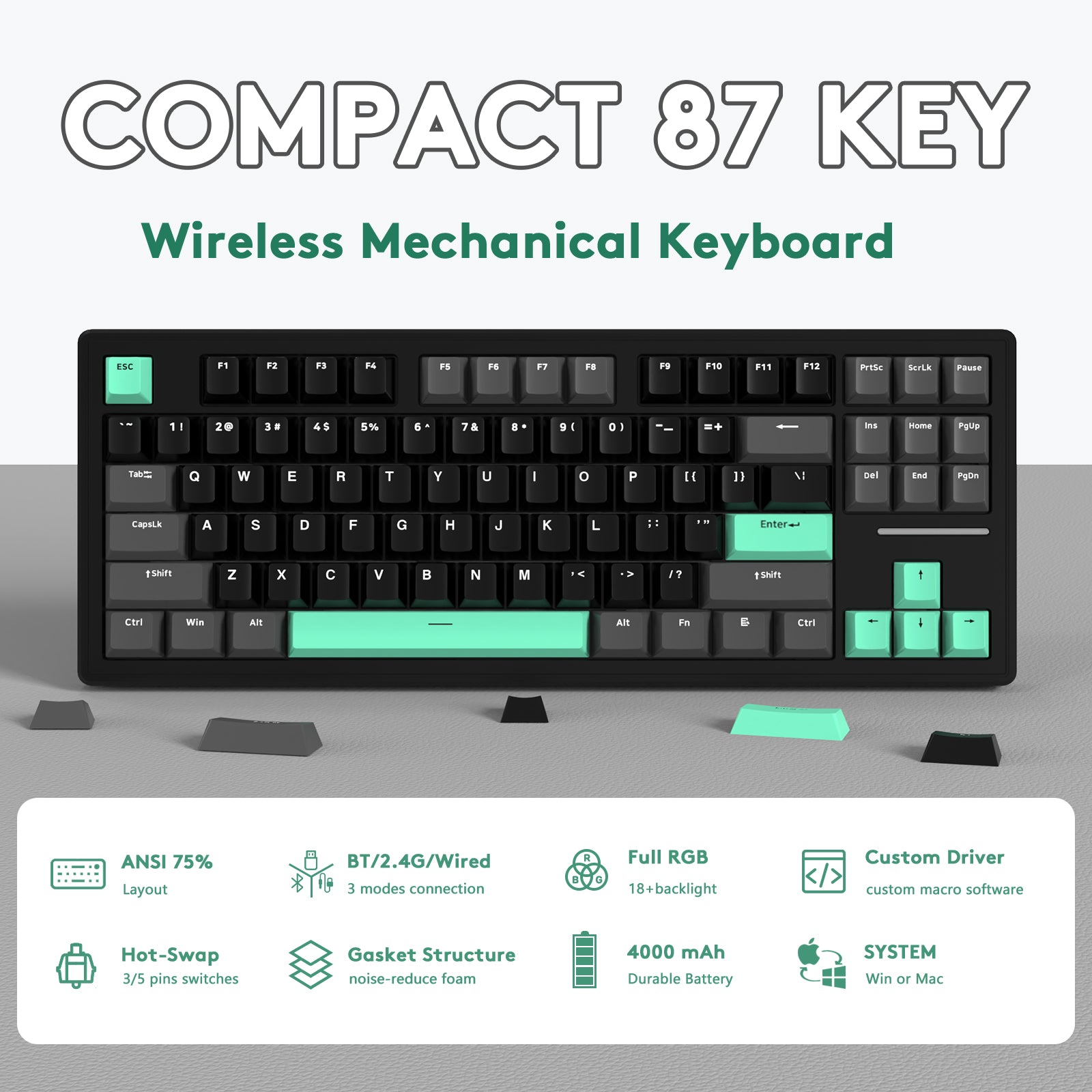 Top view of Attack Shark M87 keyboard highlighting compact 87-key layout and gradient keycaps.