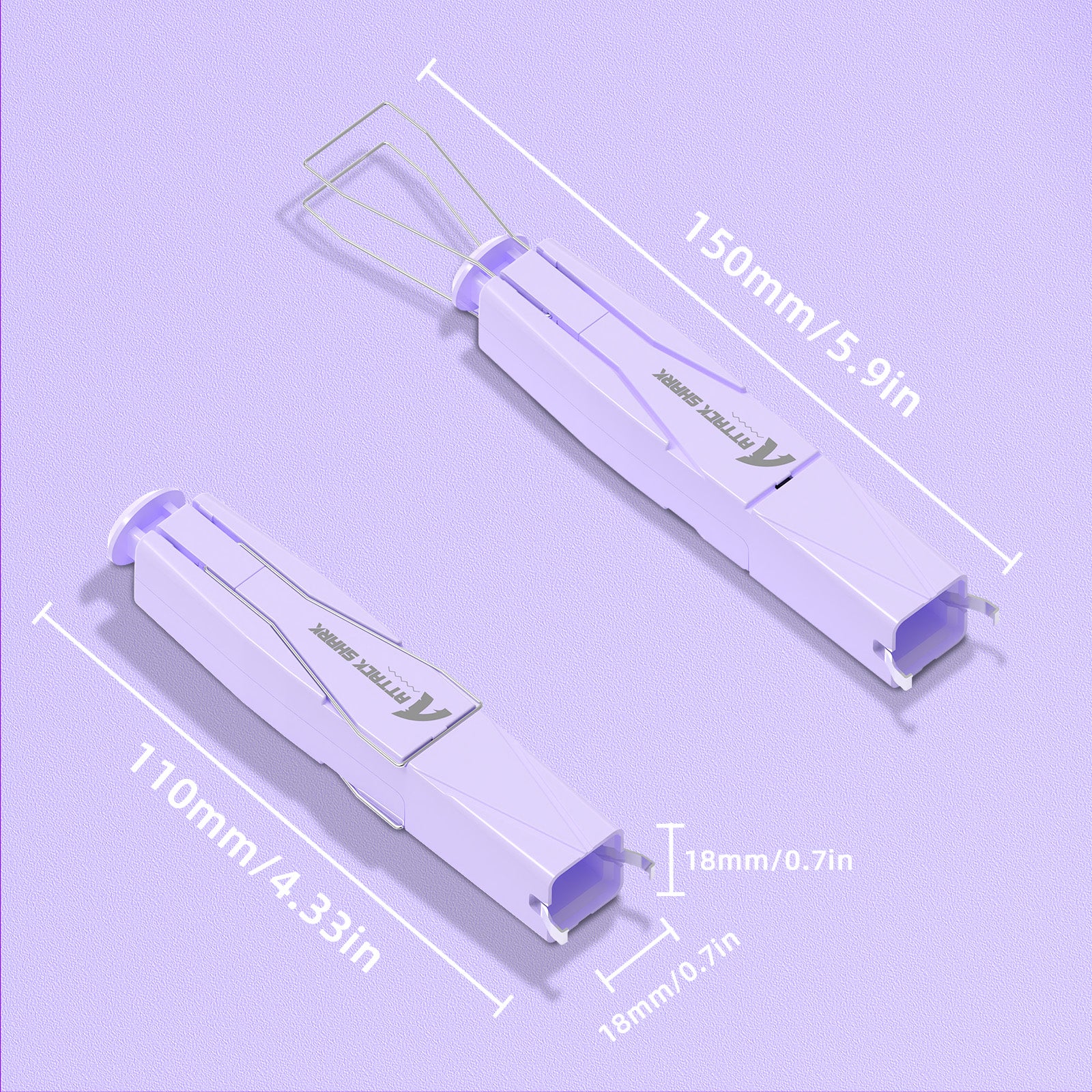 Lavender Attack Shark 2-in-1 keycap and switch puller dimensions: 150x110mm.