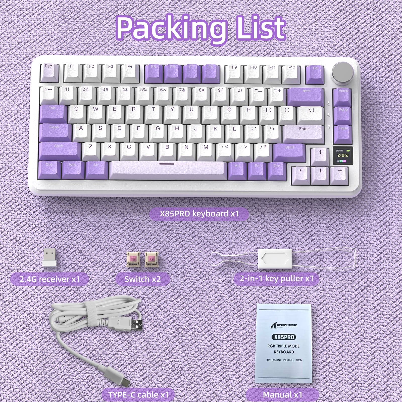 X85PRO keyboard packing list with USB receiver, switches, puller, cable, and manual.