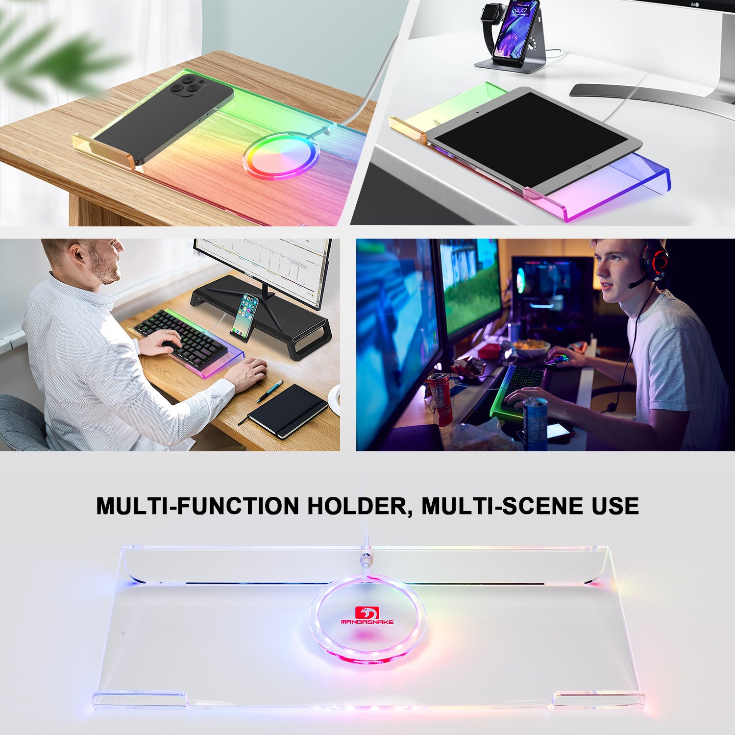 Versatile ergonomic RGB keyboard holder in use with tablet, phone, and keyboard.