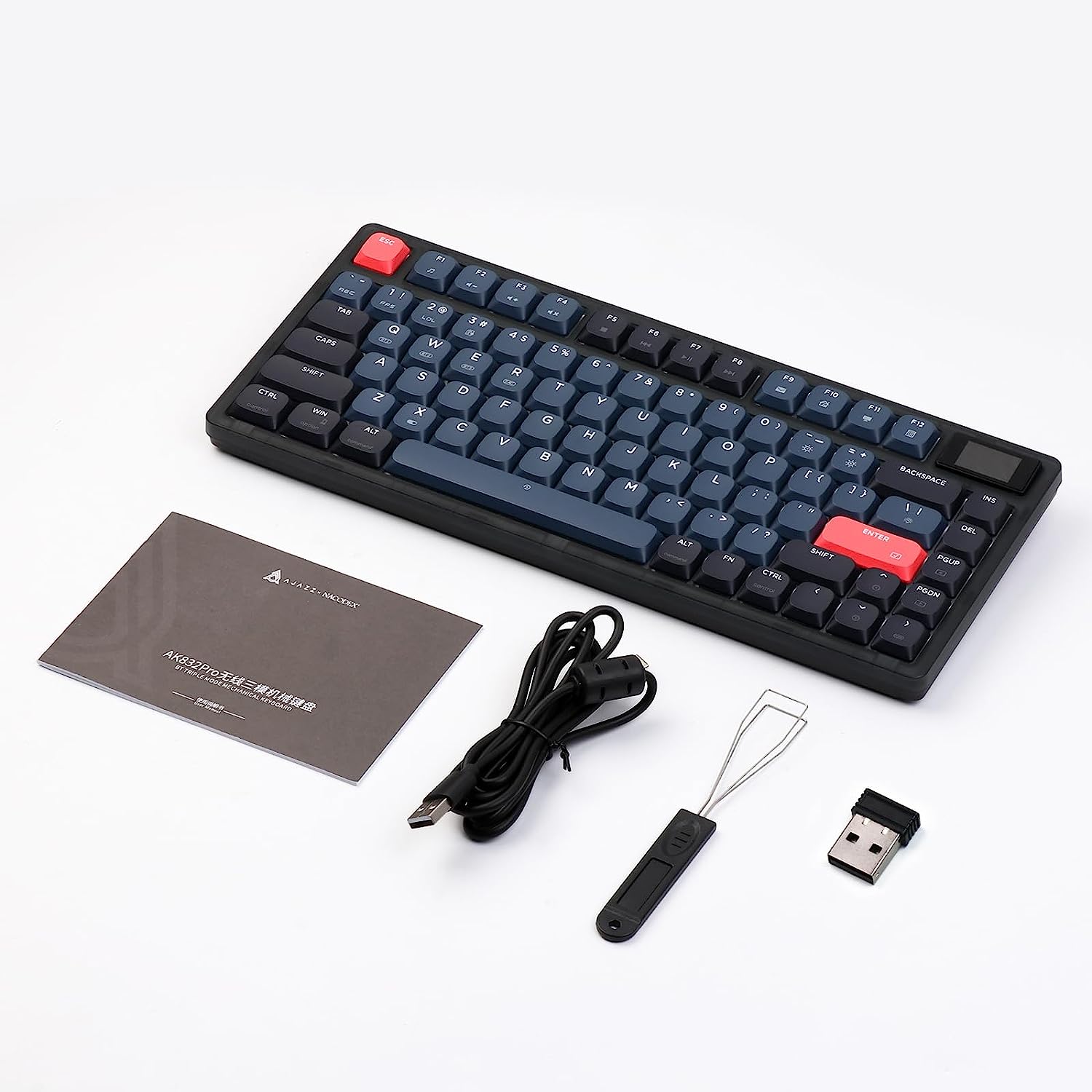 AK832PRO keyboard with USB receiver, cable, and manual on a white background.