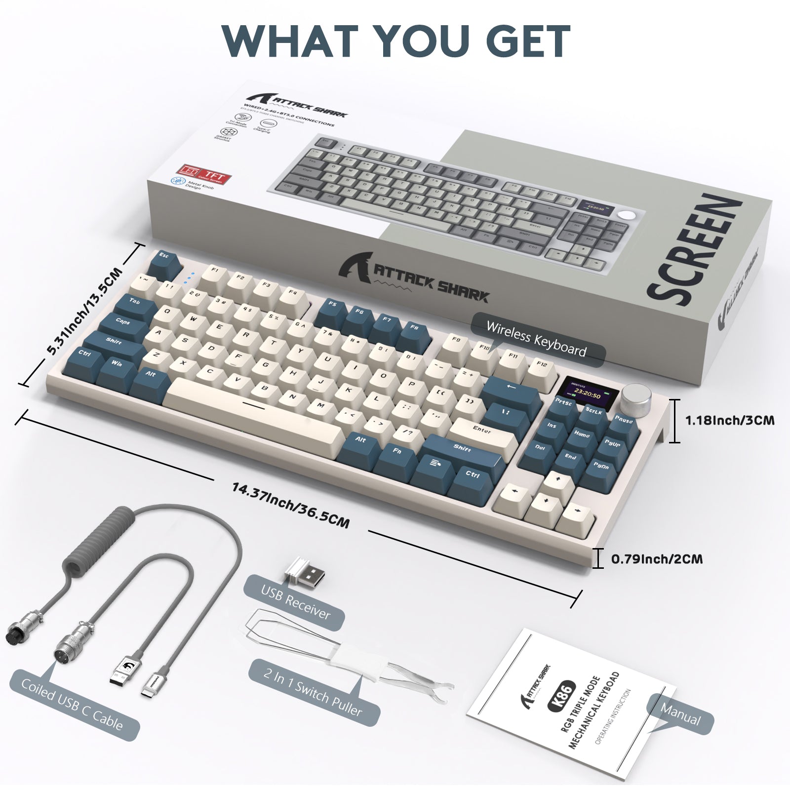 Attack Shark K86PRO keyboard with accessories: USB cable, receiver, manual, and switch puller.