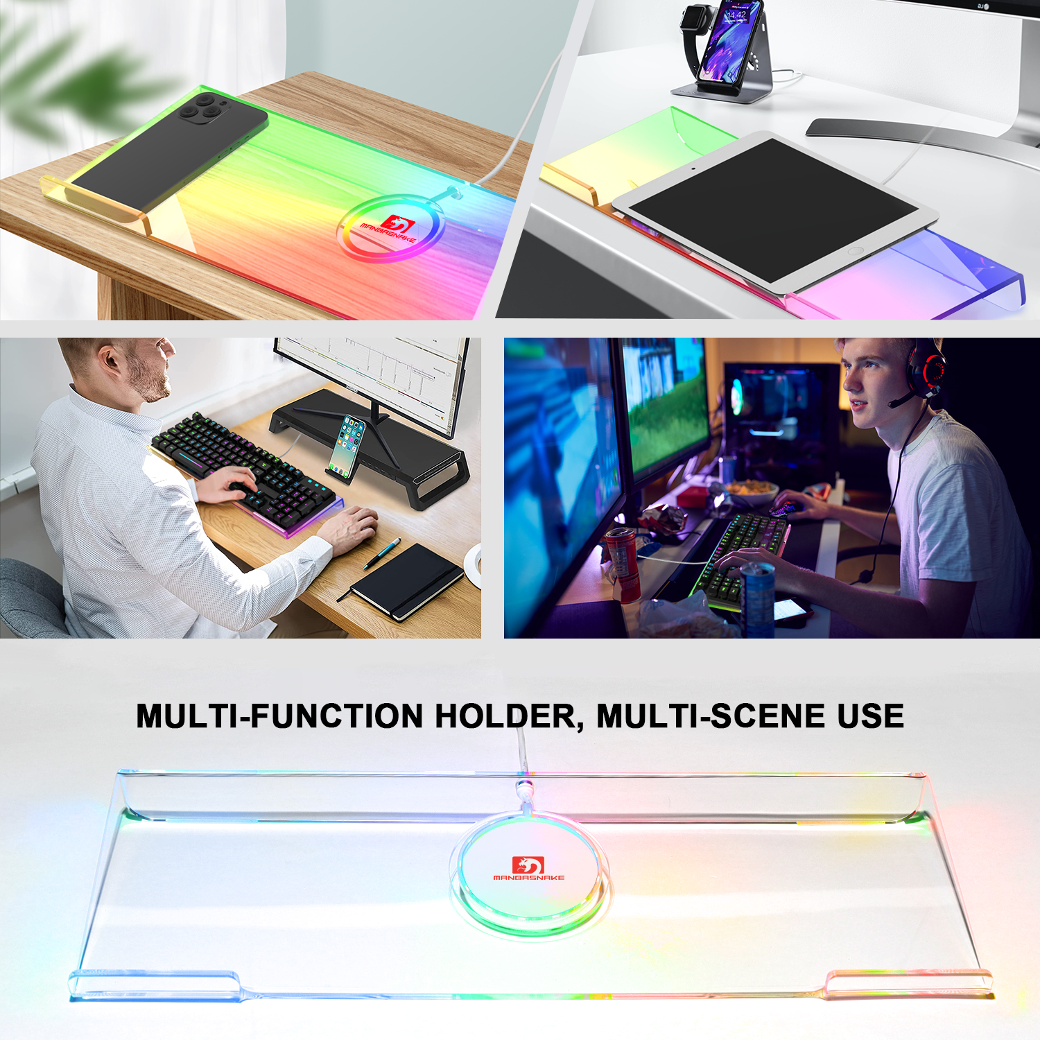 Versatile RGB keyboard holder with phone and tablet, showcasing vibrant lighting.