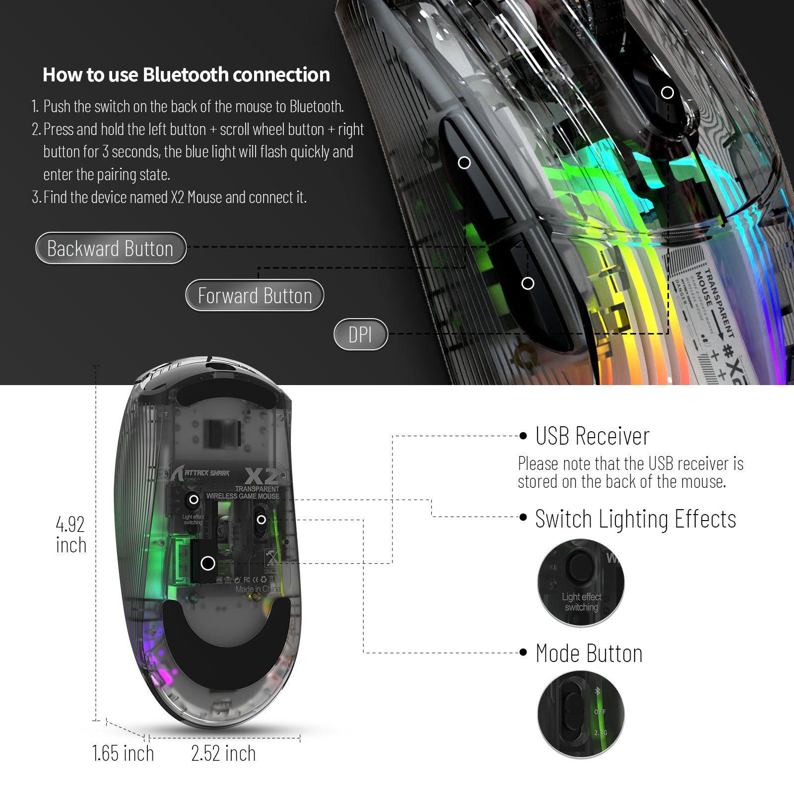 Bluetooth connection instructions for Attack Shark X2 mouse with RGB lighting features.