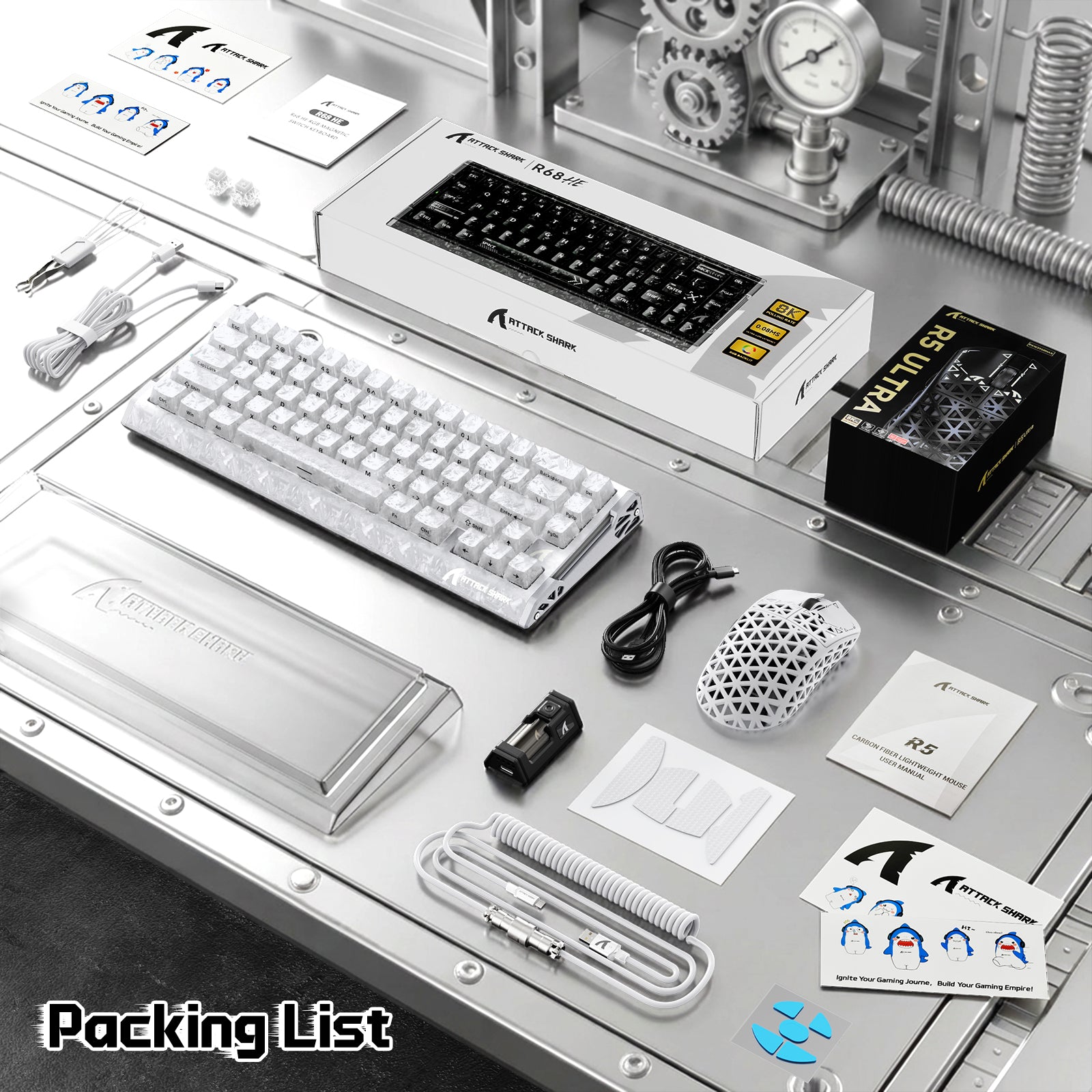 ATTACK SHARK R68 HE and R5 Ultra gaming bundle packing list with keyboard, mouse, coiled cable