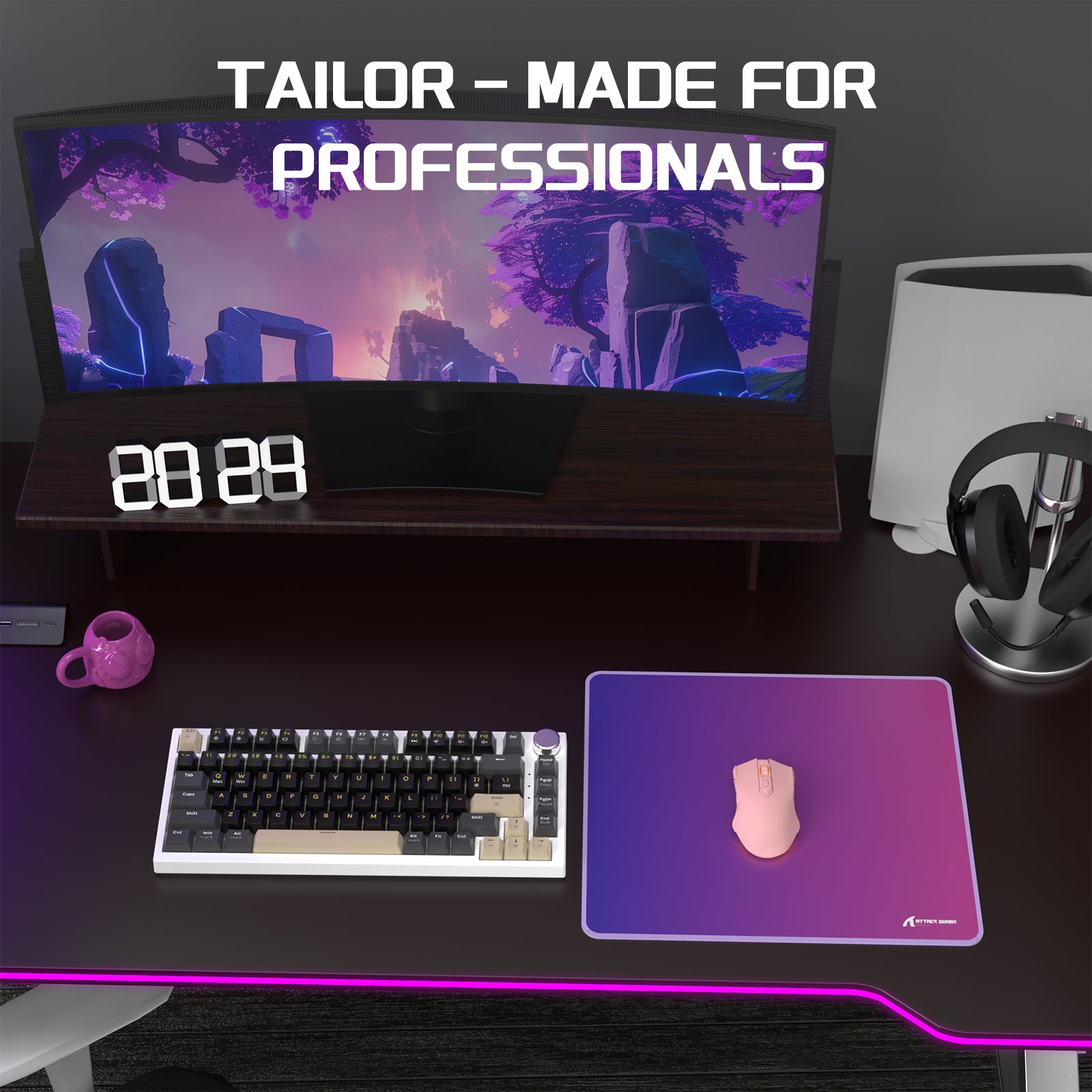 Professional gaming setup with Attack Shark CM03 rainbow mouse pad and mechanical keyboard.