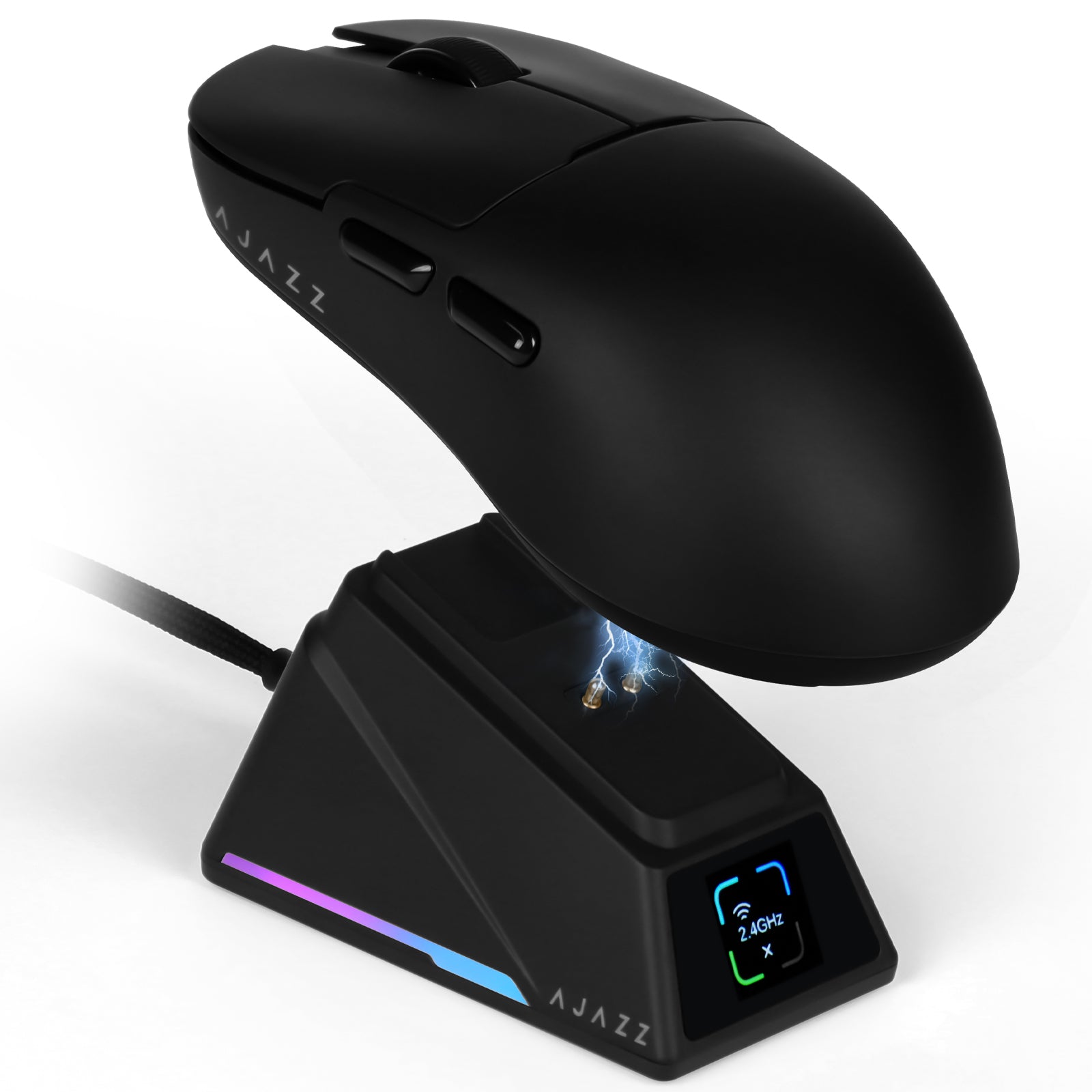 Black AJAZZ AJ159 APEX mouse on illuminated 8K charging dock with color display