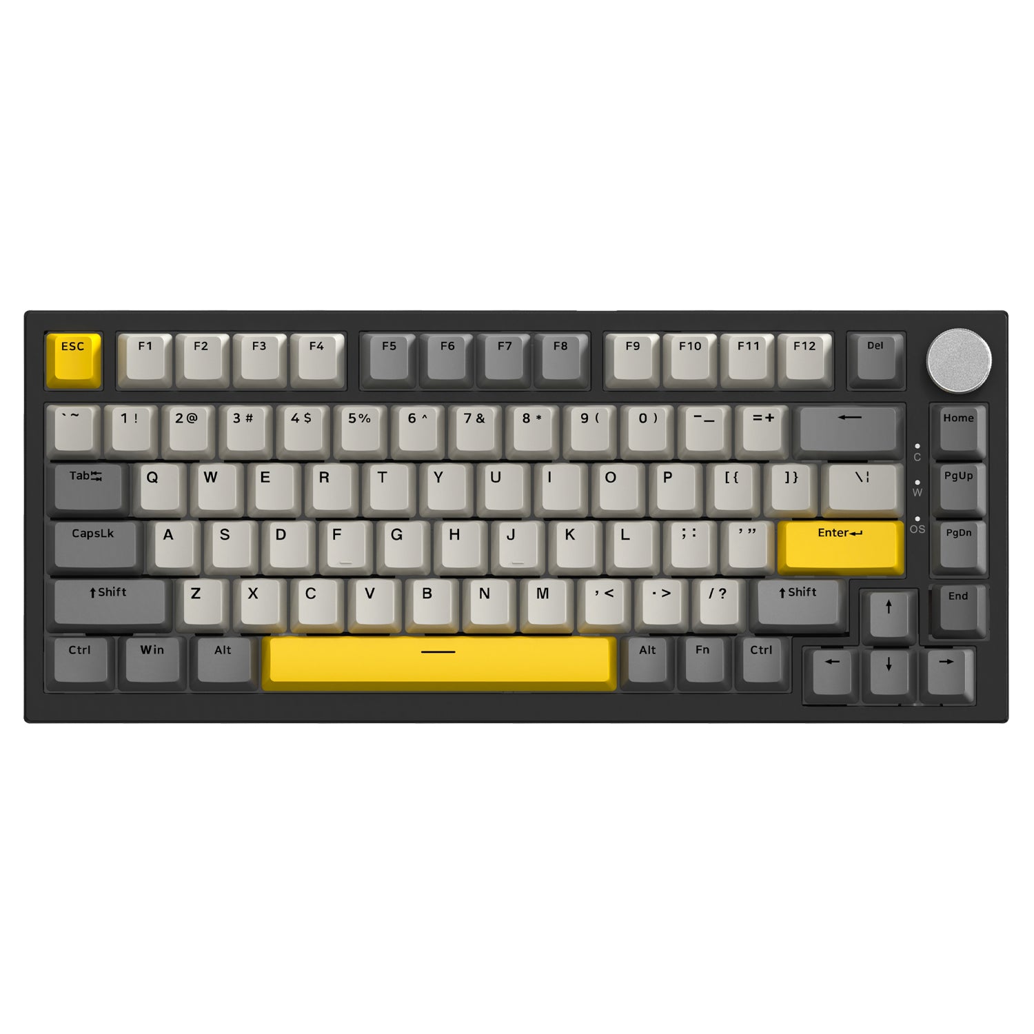 Top view of AK820 mechanical keyboard with gray and yellow keycaps and volume knob