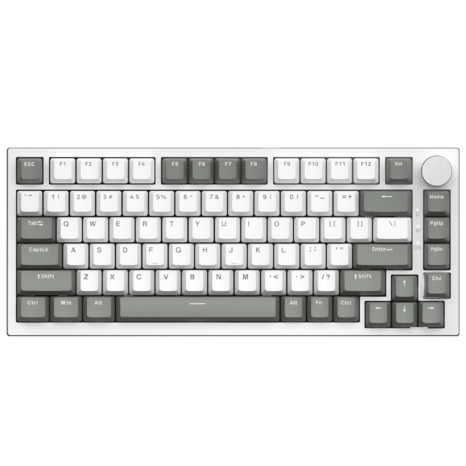 Top view of AK820 keyboard with grey and white keycaps and volume knob.