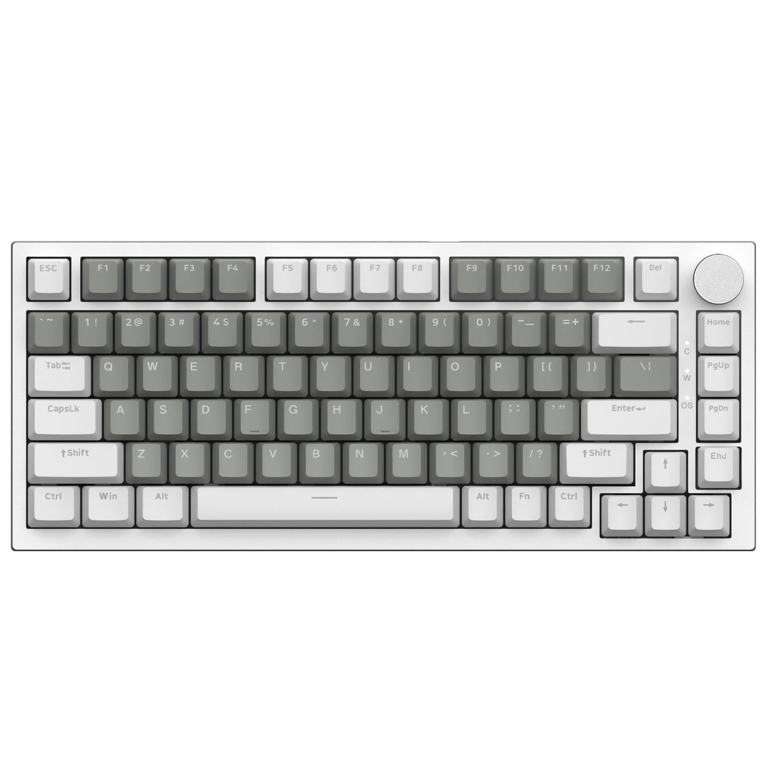 Top view of AK820 mechanical keyboard with grey and white keycaps and volume control knob.