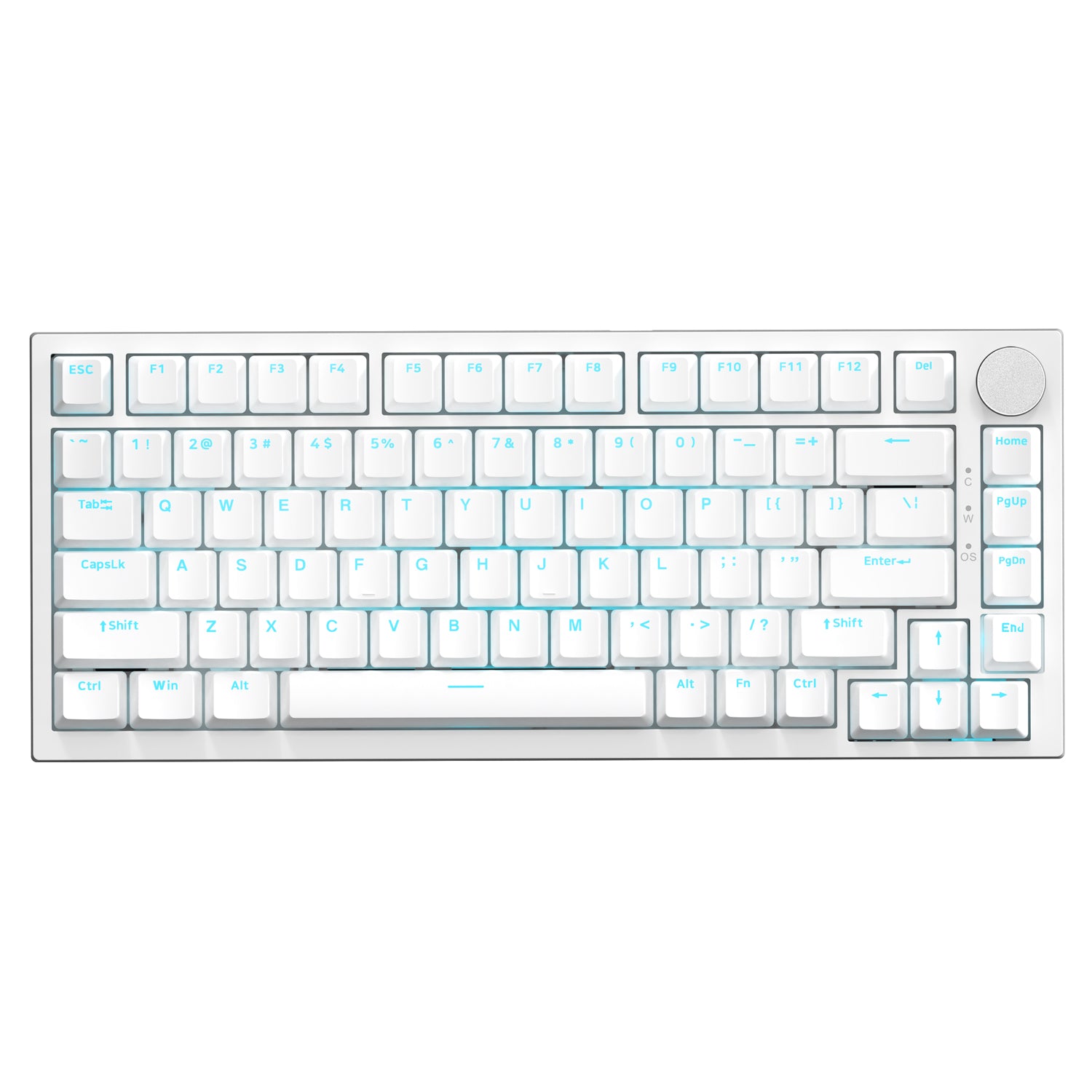 White RGB mechanical keyboard with 75% layout and volume control knob.