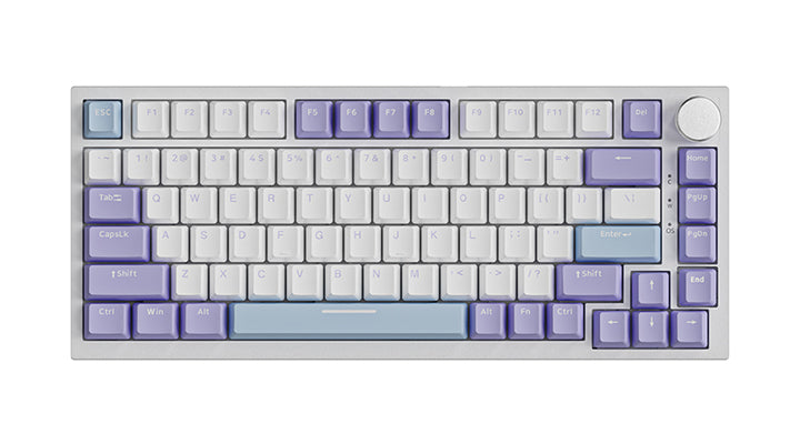 75% mechanical keyboard in purple and white keycaps with volume control knob.