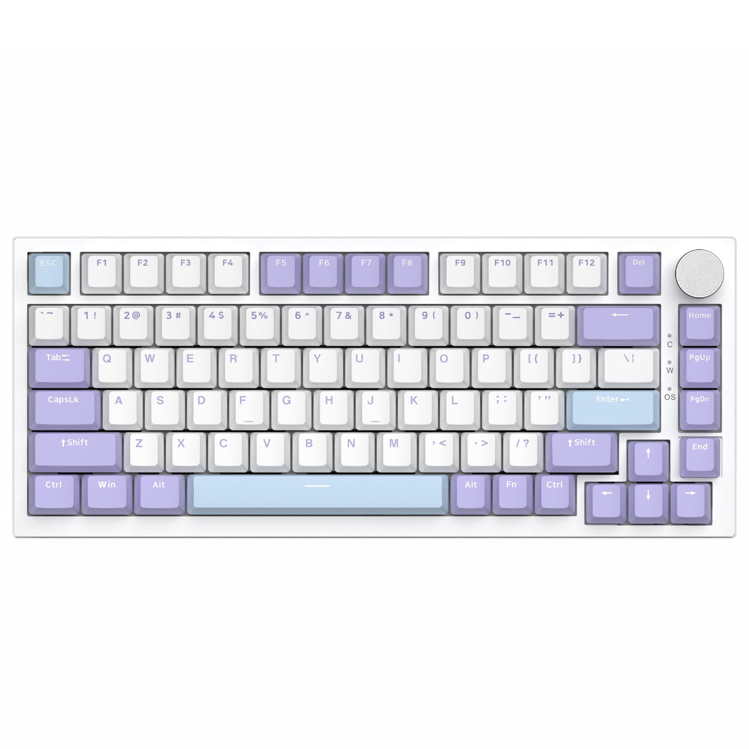 AK820 mechanical keyboard with 75% layout and purple-white keycaps, volume knob.