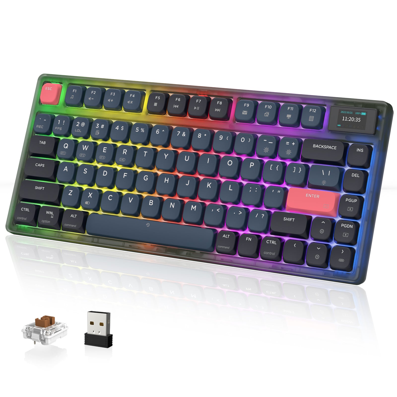 Colorful RGB mechanical keyboard with TFT display, USB receiver, and low-profile switches