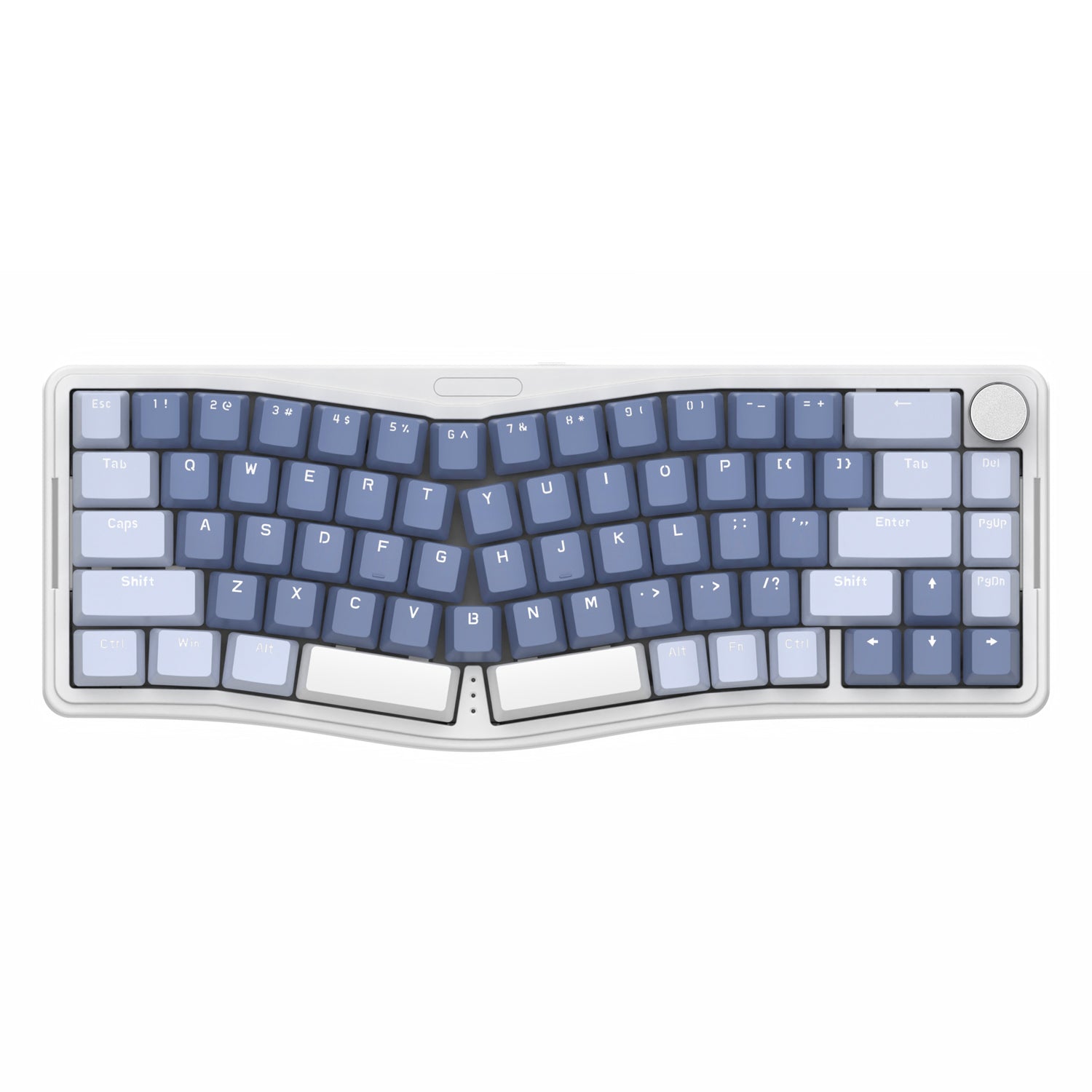 AKS068 Alice Mechanical Keyboard with blue and white keycaps and ergonomic layout.