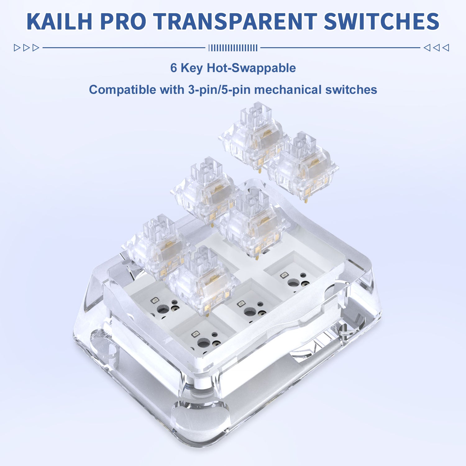 Close-up of Kailh Pro transparent switches on B6 acrylic keyboard, hot-swappable.