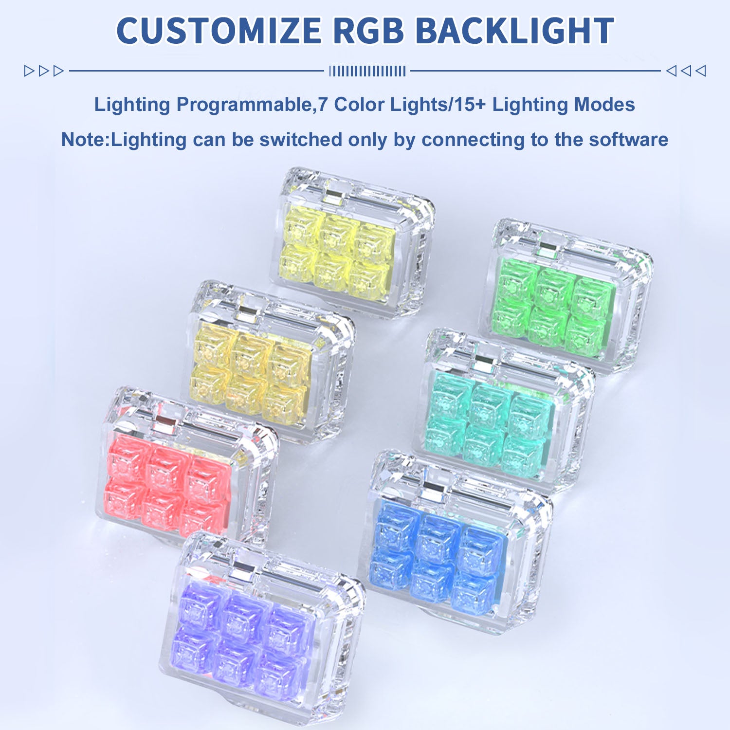 Customizable RGB keycaps with 7 colors and 15 lighting modes for acrylic keyboard.