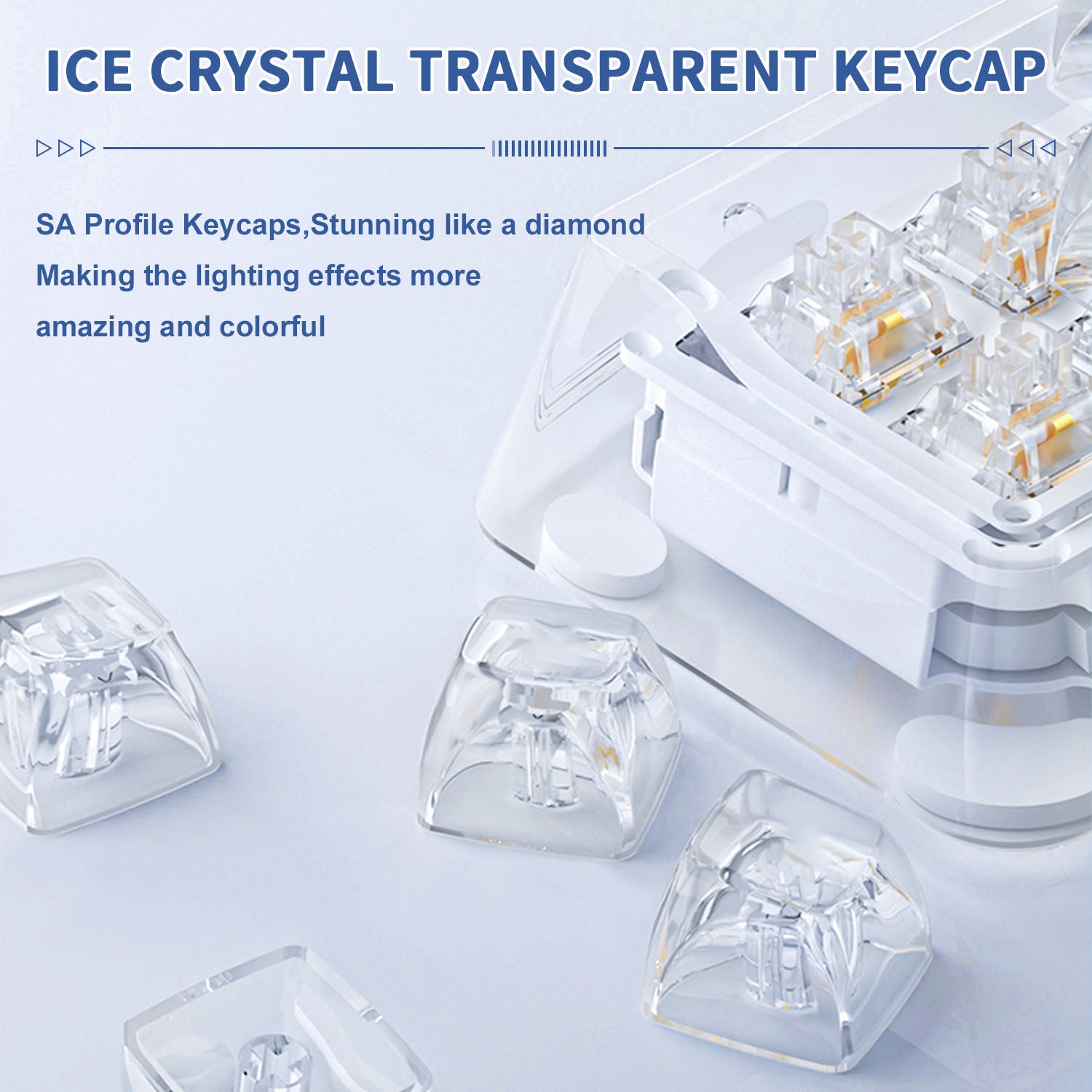 Close-up of ice crystal transparent keycaps showcasing RGB lighting effects.