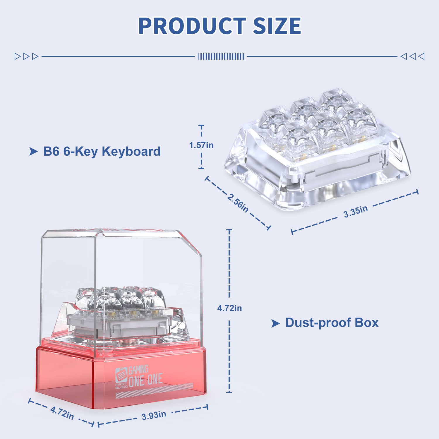 Dimensions of B6 acrylic keyboard and dust-proof box with clear top view.