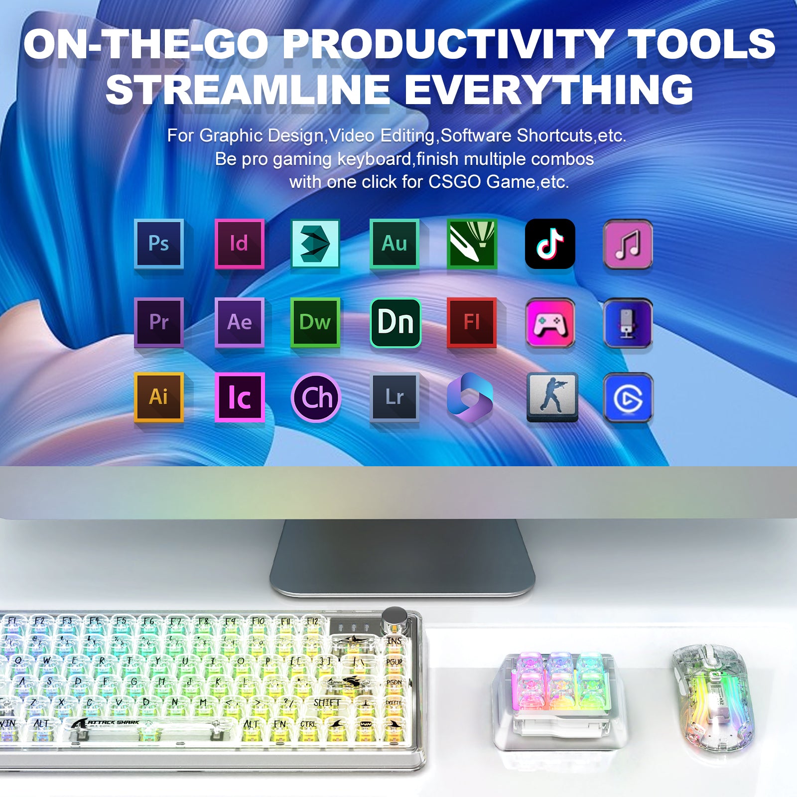 Acrylic keyboard with colorful keys and software shortcuts for productivity.