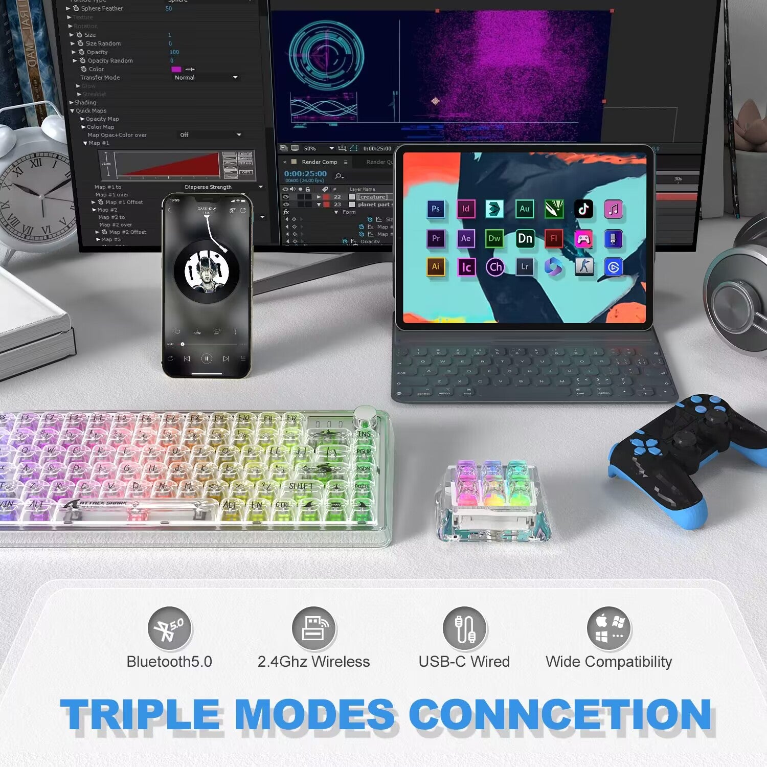 Triple connection modes for customizable keyboard: Bluetooth, USB-C, 2.4GHz wireless.