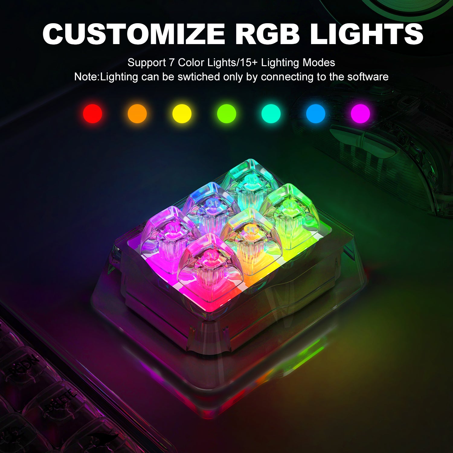 RGB acrylic keyboard switches with customizable lighting effects and software support.