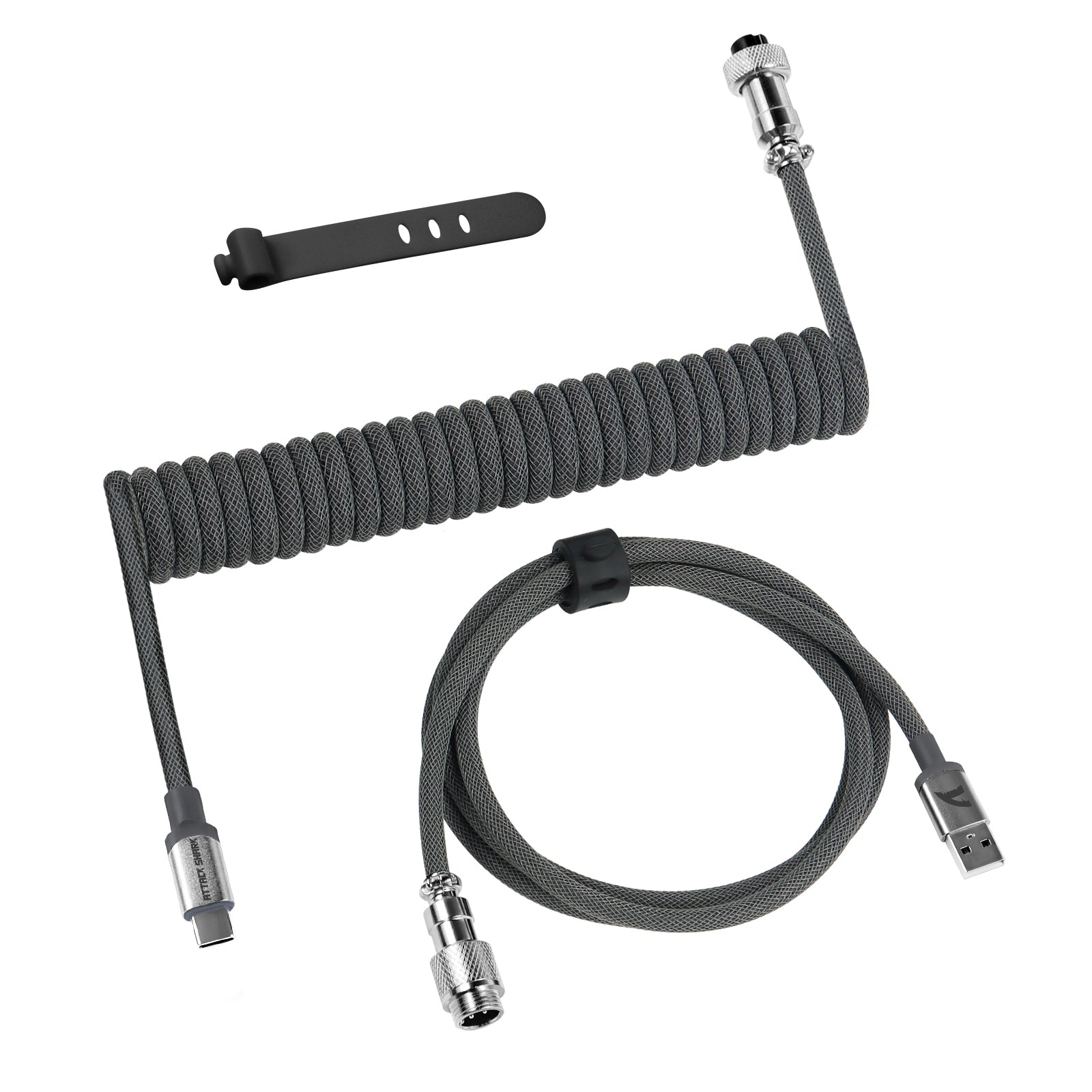 Custom grey coiled USB-C keyboard cable with metal connectors and detachable straight section.