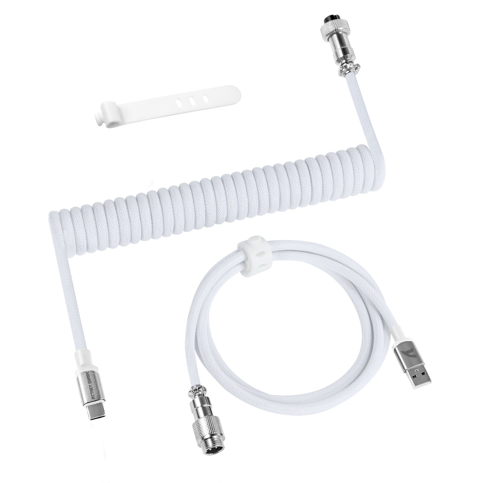 White coiled USB-C keyboard cable with metal aviation connectors and a detachable straight cable.