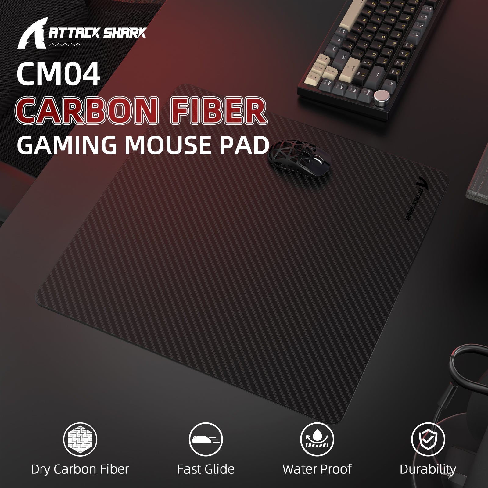 Attack Shark CM04 Carbon Fiber Gaming Mousepad with textured surface and performance labels