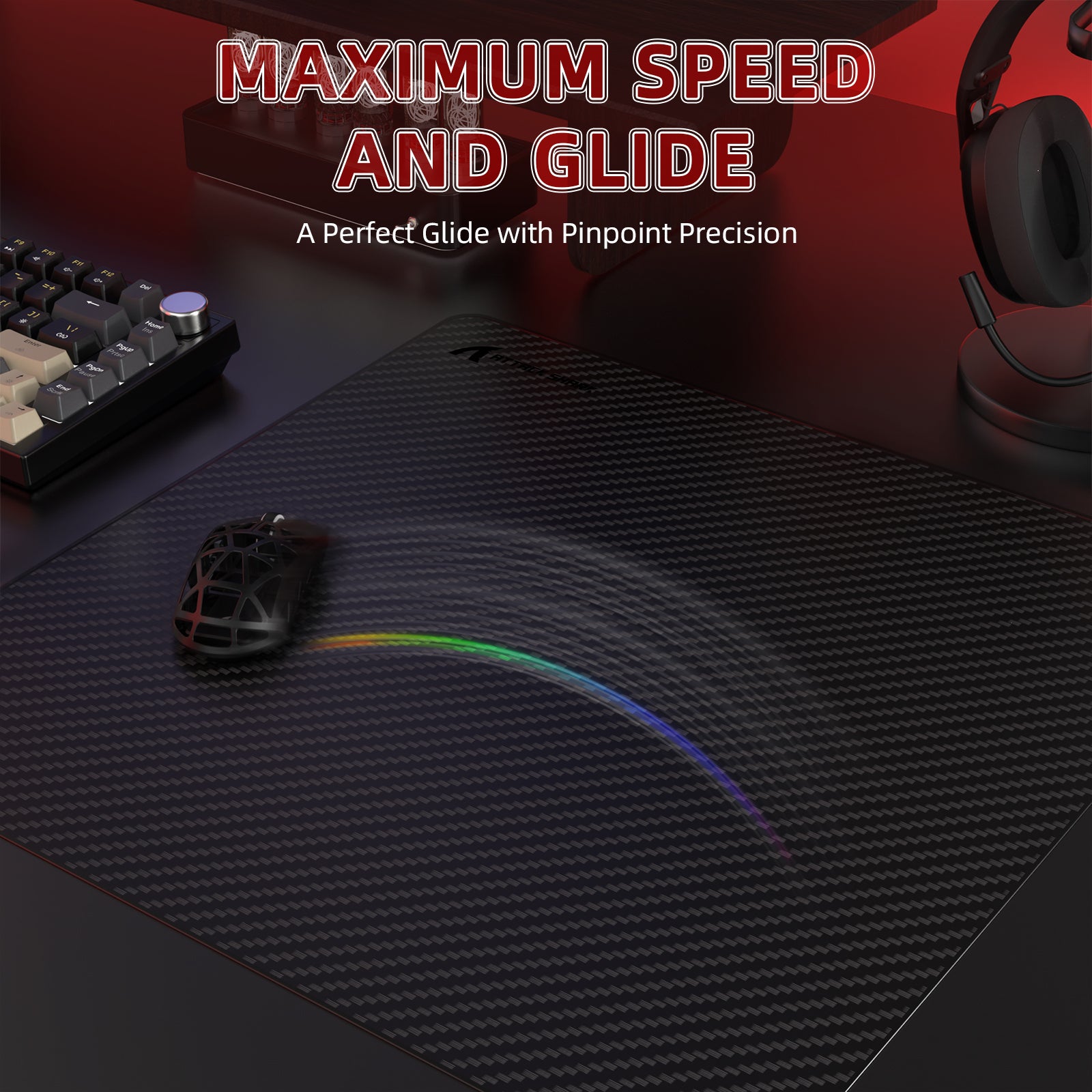 CM04 Carbon Fiber Mousepad close-up showcasing maximum speed and precision glide.